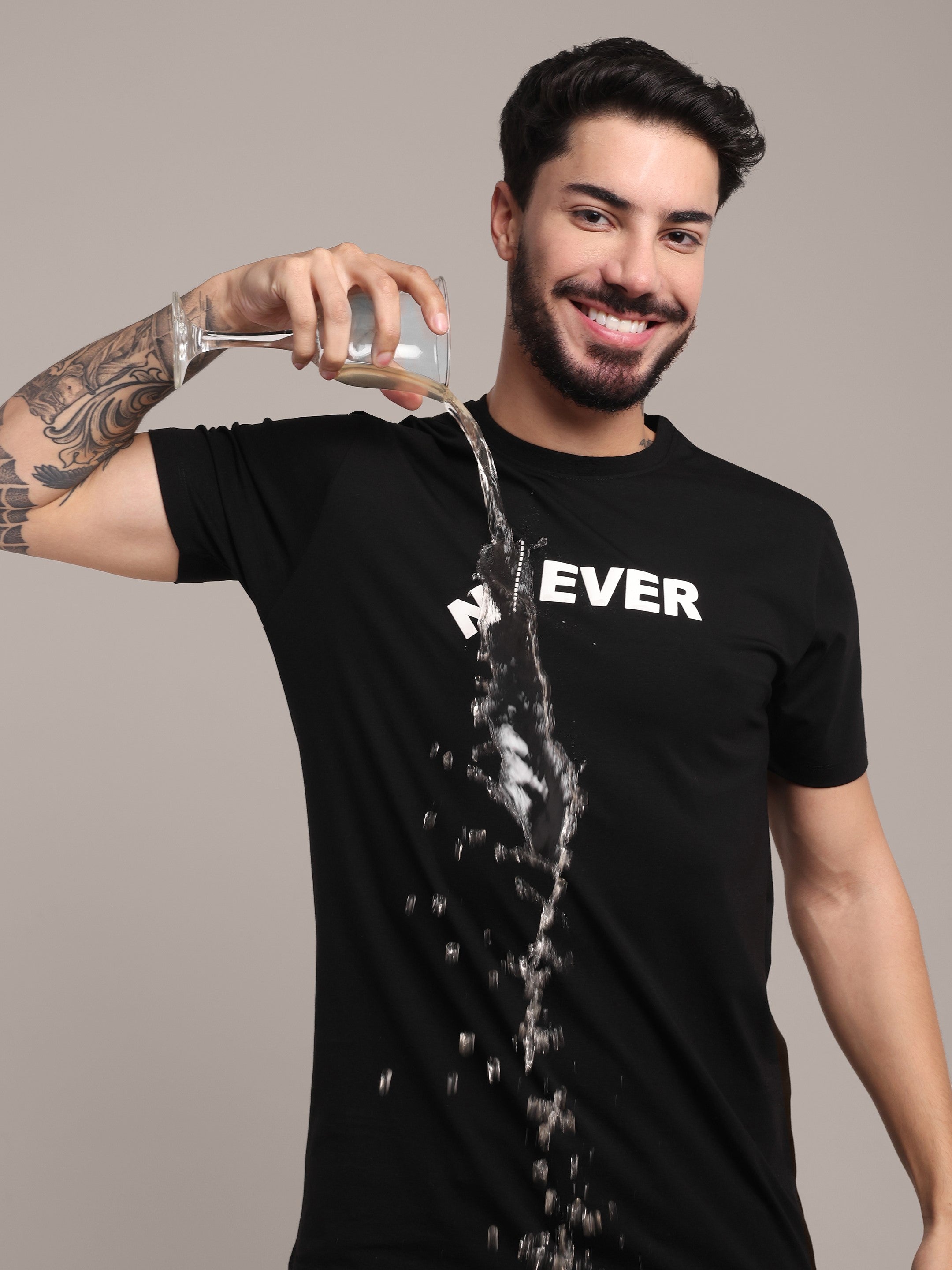 Men's Black Printed Anti-Stain Cotton Round-Neck T-Shirt