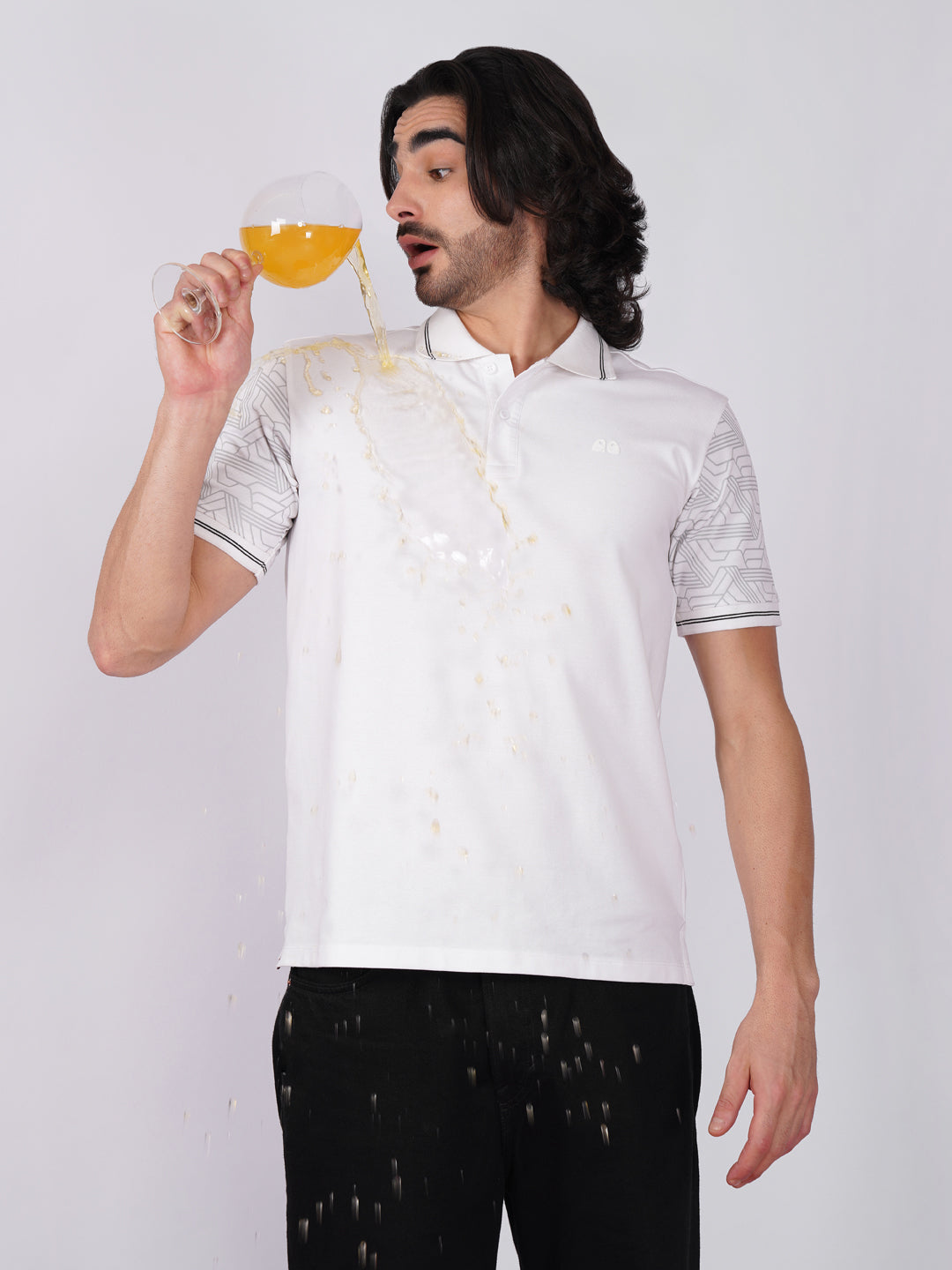 Men White Sleeves Printed Anti-Stain Anti-Odor Cotton Polo T-Shirt