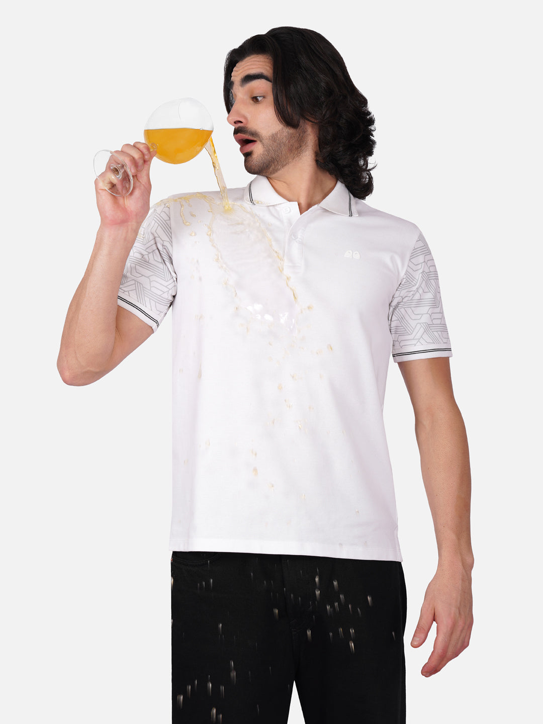 Men White Sleeves Printed Anti-Stain Anti-Odor Cotton Polo T-Shirt