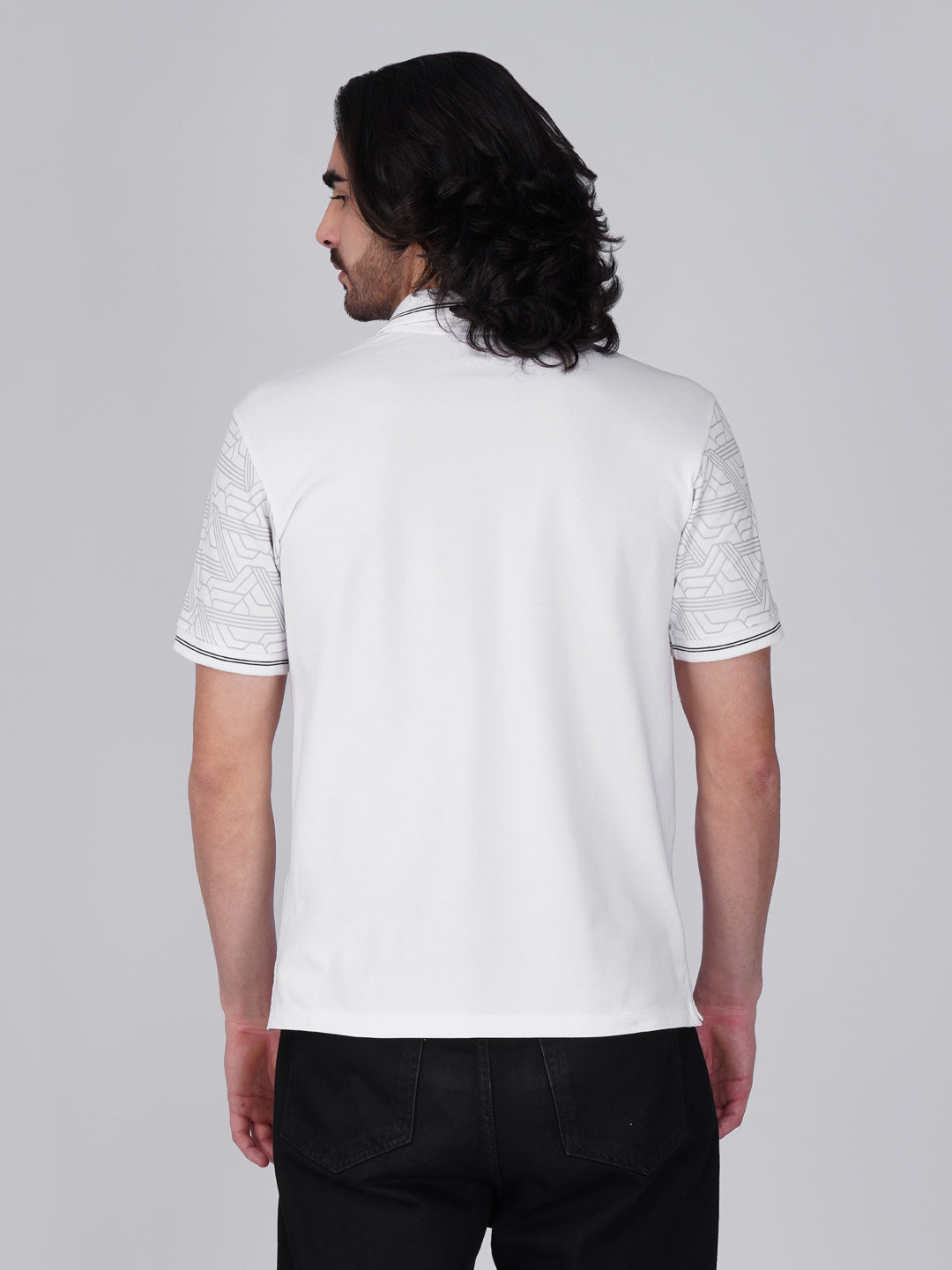 Men White Sleeves Printed Anti-Stain Anti-Odor Cotton Polo T-Shirt