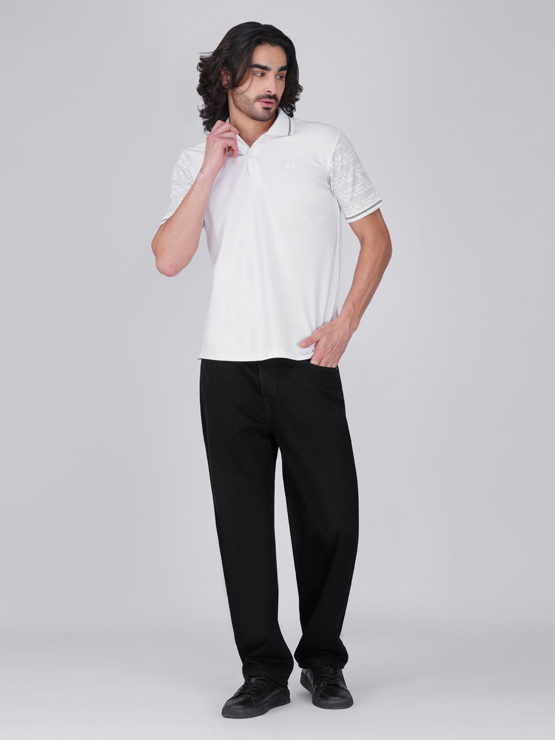 Men White Sleeves Printed Anti-Stain Anti-Odor Cotton Polo T-Shirt