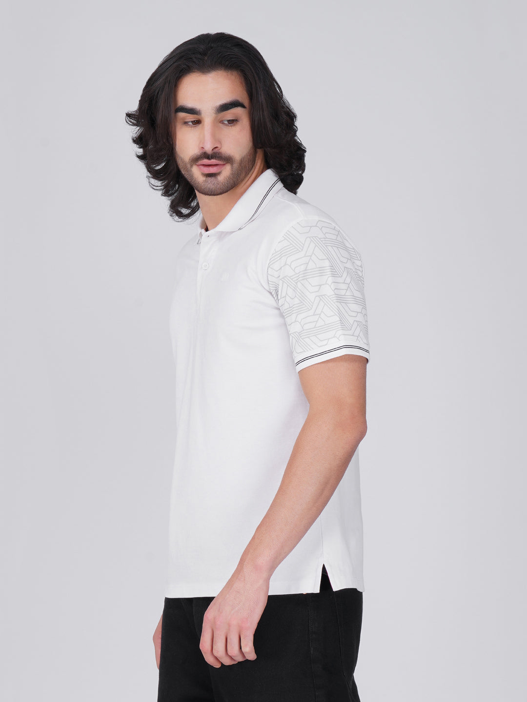 Men White Sleeves Printed Anti-Stain Anti-Odor Cotton Polo T-Shirt