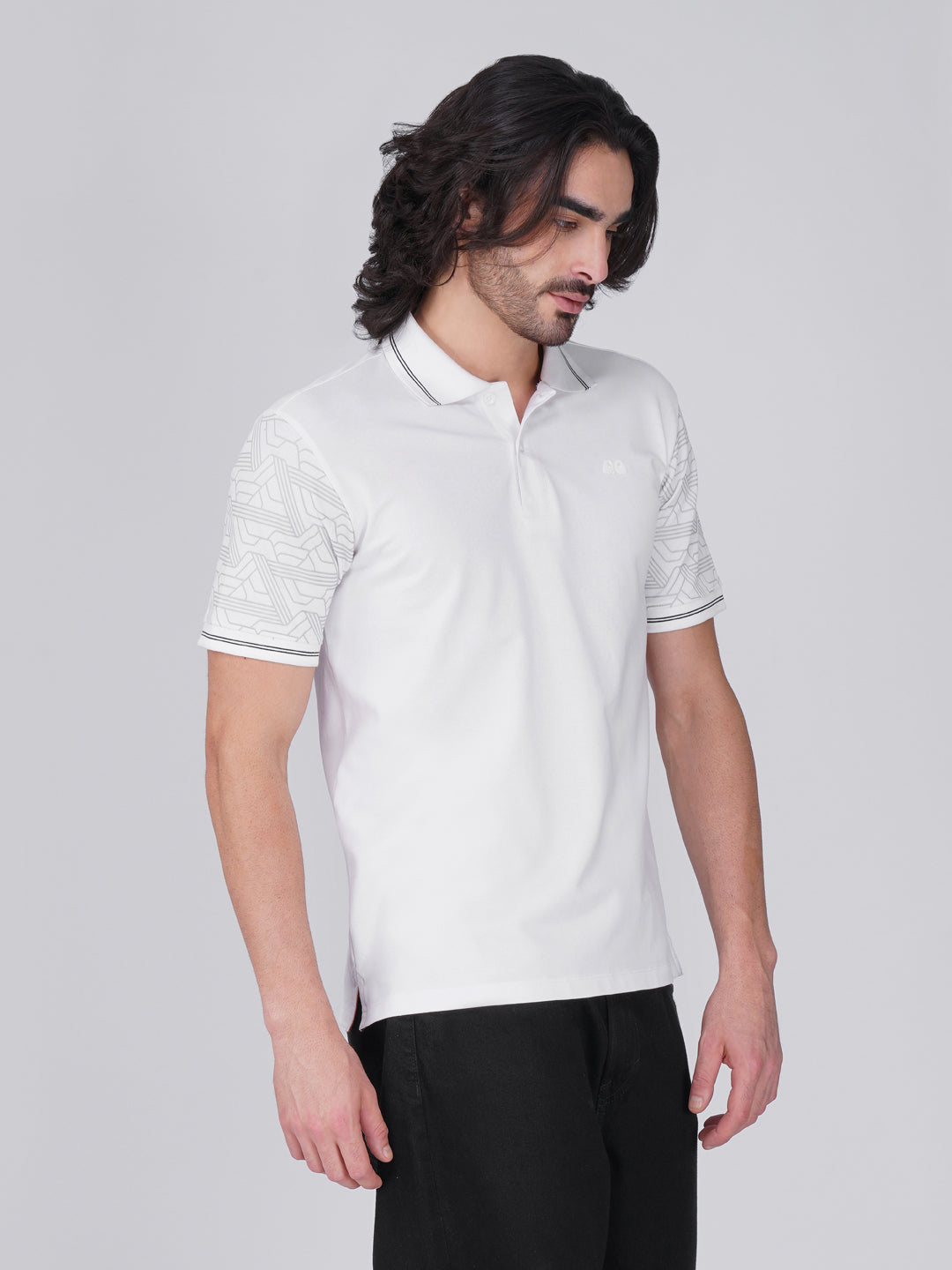 Men White Sleeves Printed Anti-Stain Anti-Odor Cotton Polo T-Shirt