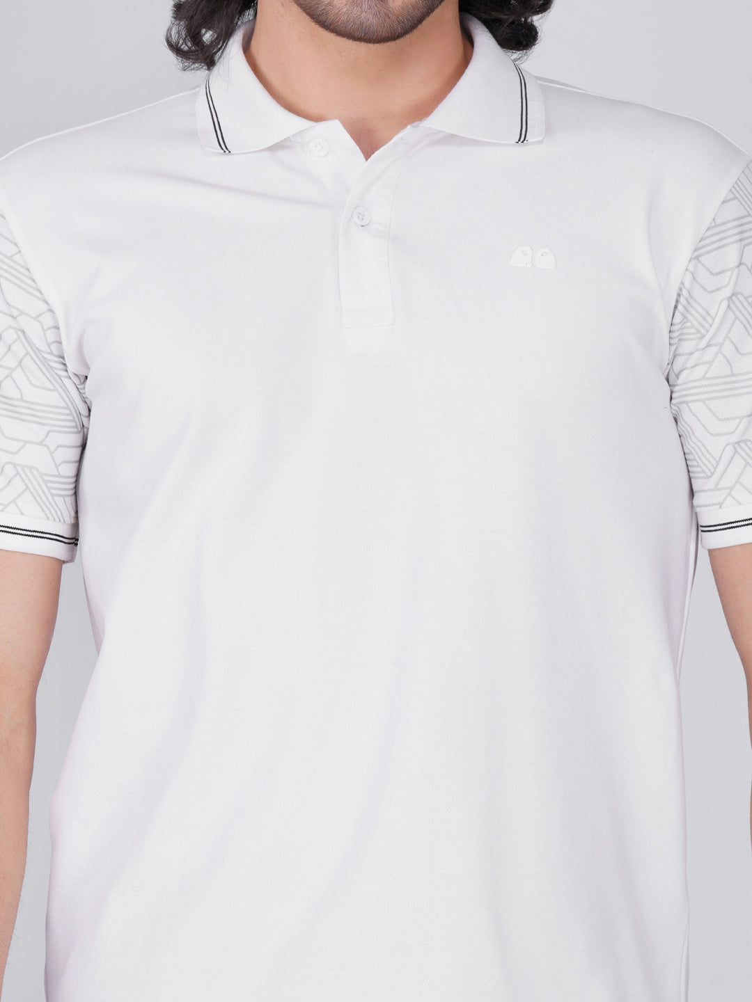 Men White Sleeves Printed Anti-Stain Anti-Odor Cotton Polo T-Shirt