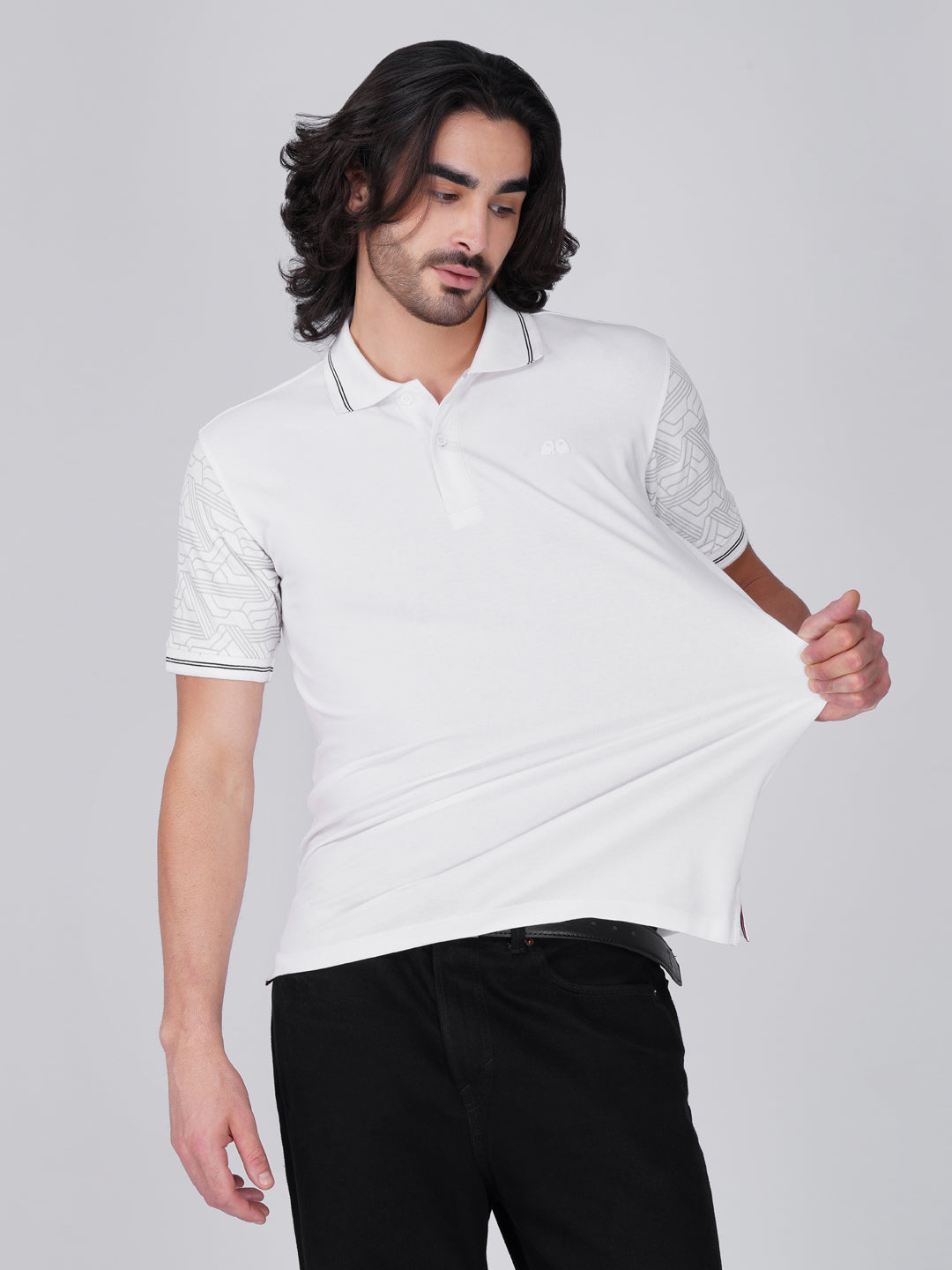 Men White Sleeves Printed Anti-Stain Anti-Odor Cotton Polo T-Shirt