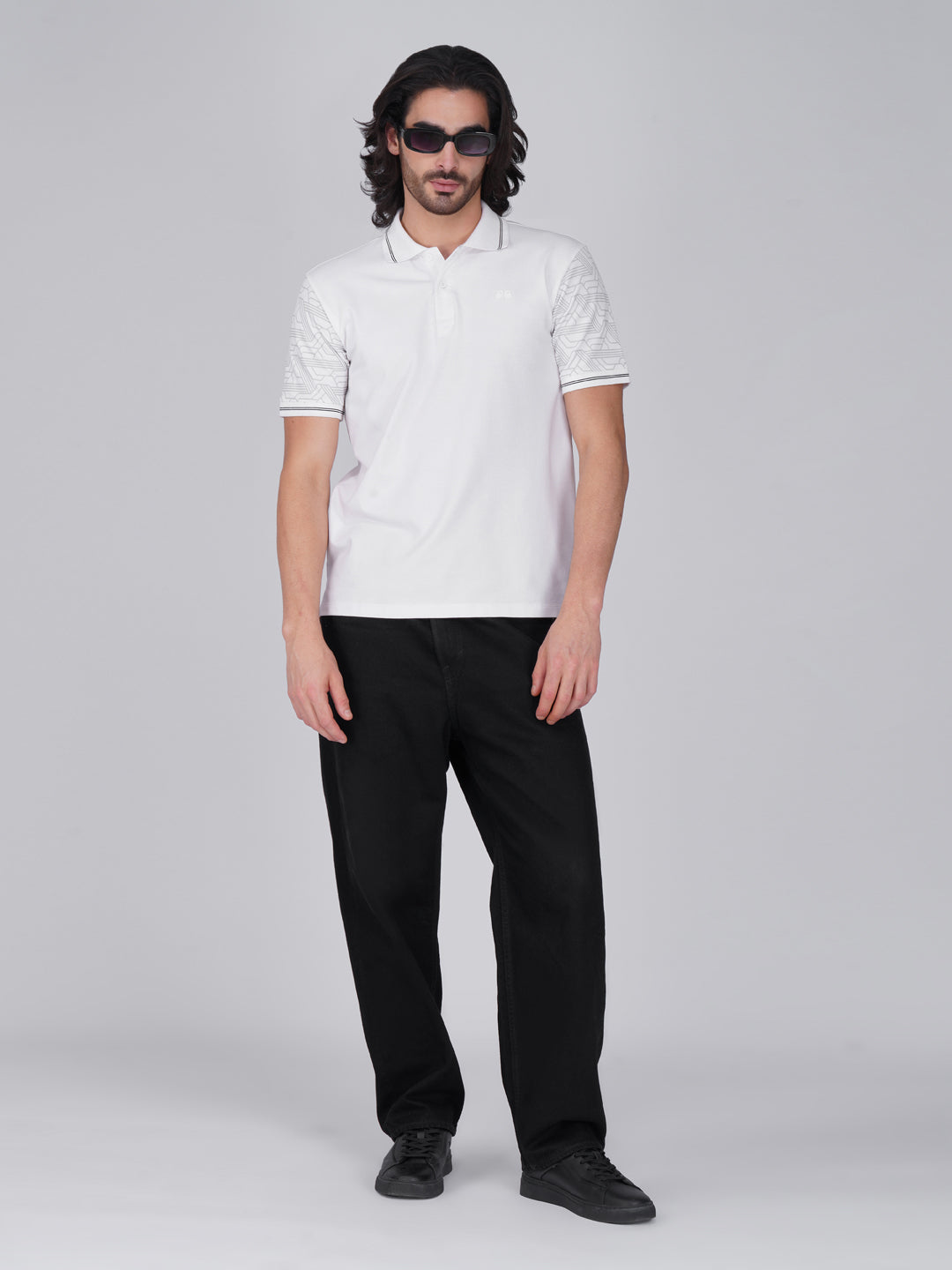 Men White Sleeves Printed Anti-Stain Anti-Odor Cotton Polo T-Shirt