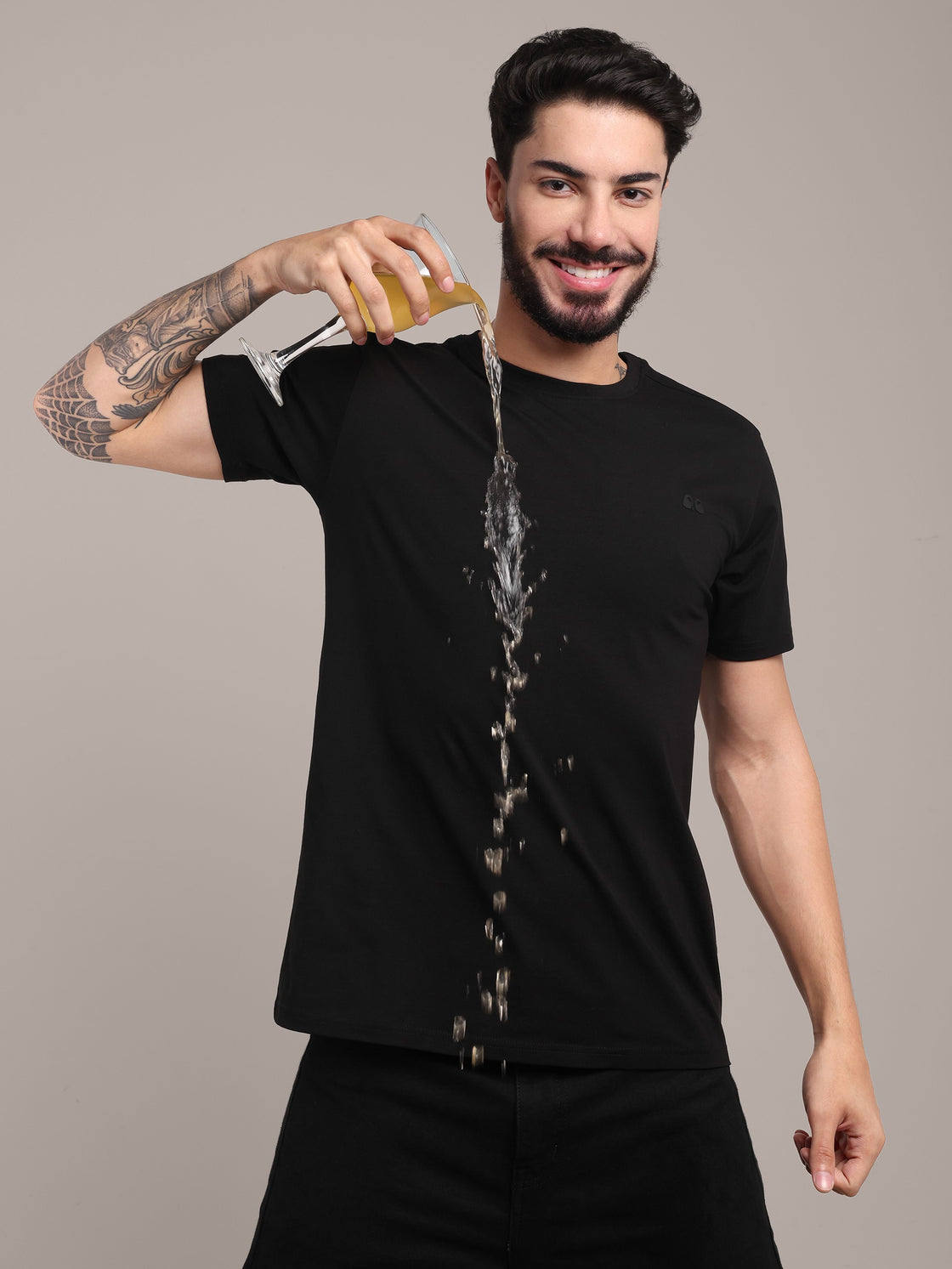 Men Black Anti-Stain Cotton Round Neck T-Shirt
