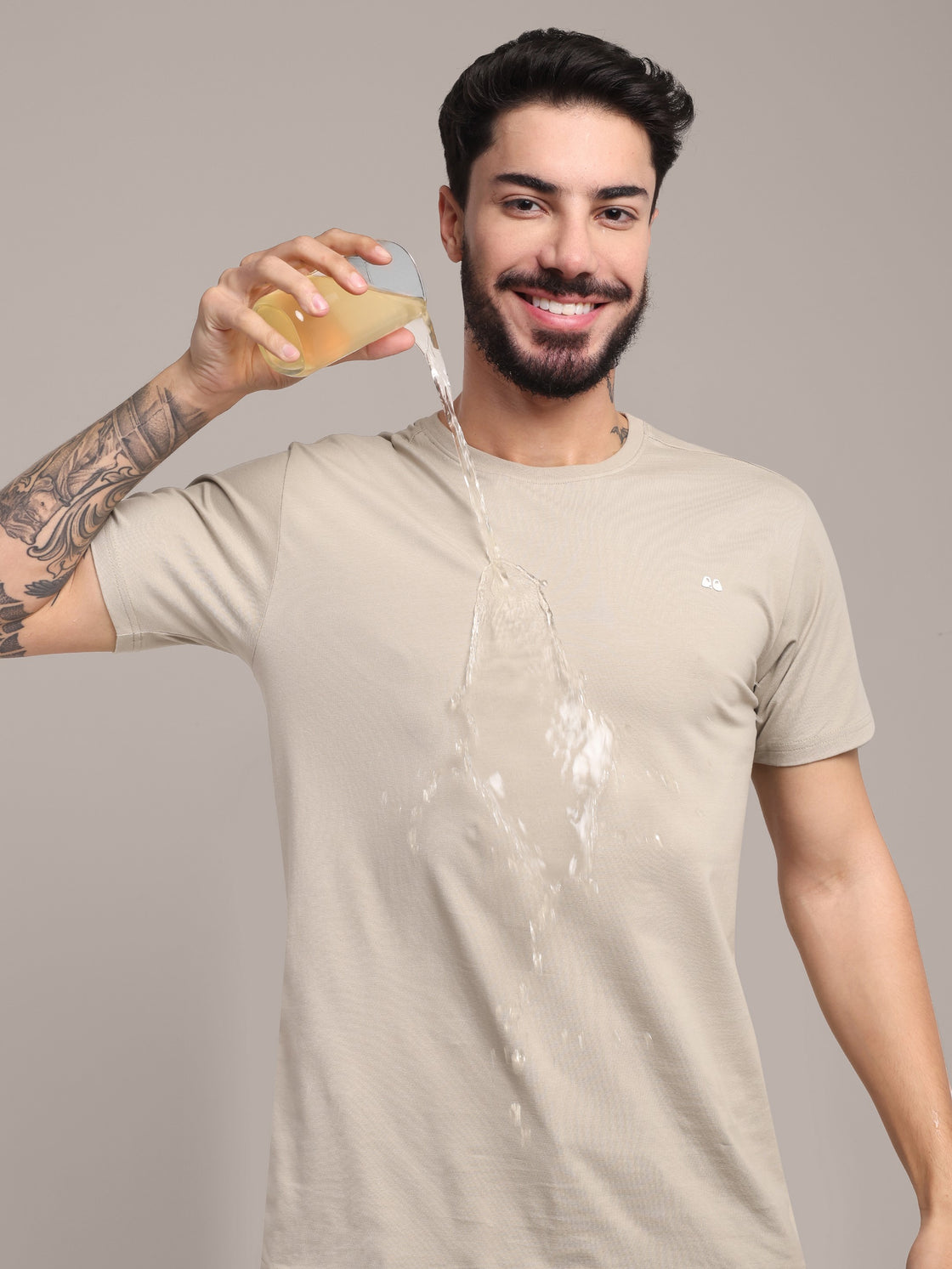 Men's Beige Anti-Stain Cotton Round Neck T-Shirt