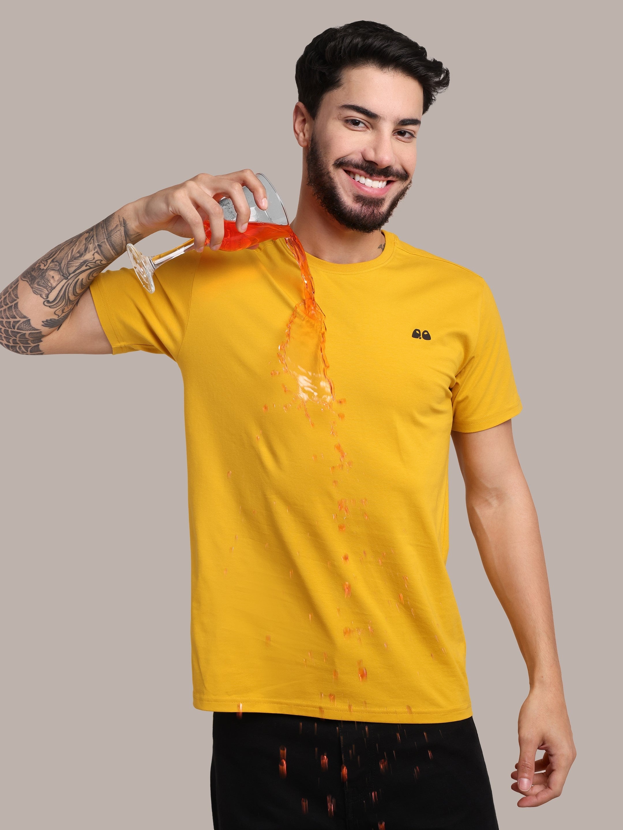 Men's Mustard Anti-Stain Cotton Round Neck T-Shirt