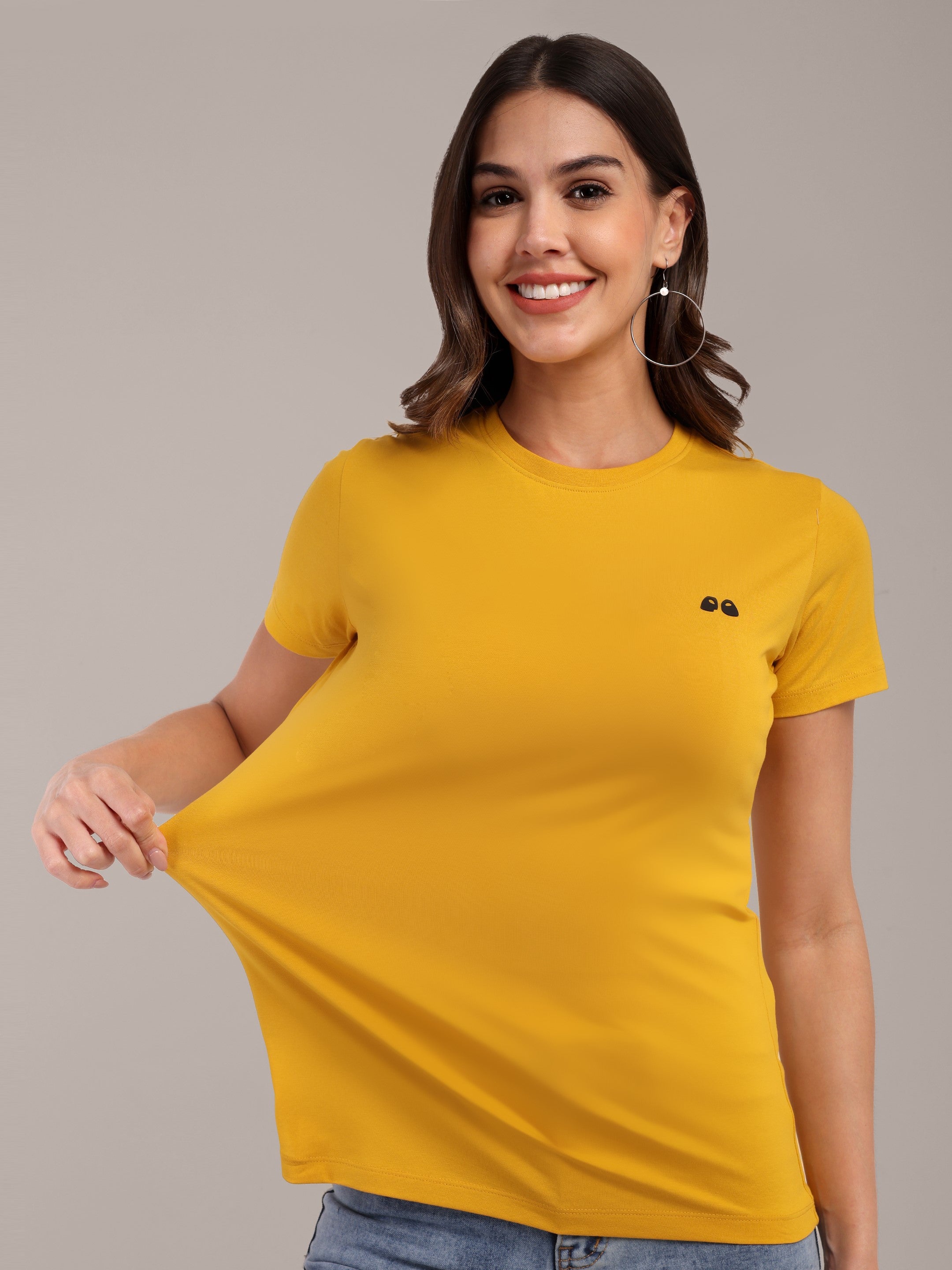 Woman Mustard Anti-Stain Cotton Round-Neck T-Shirt