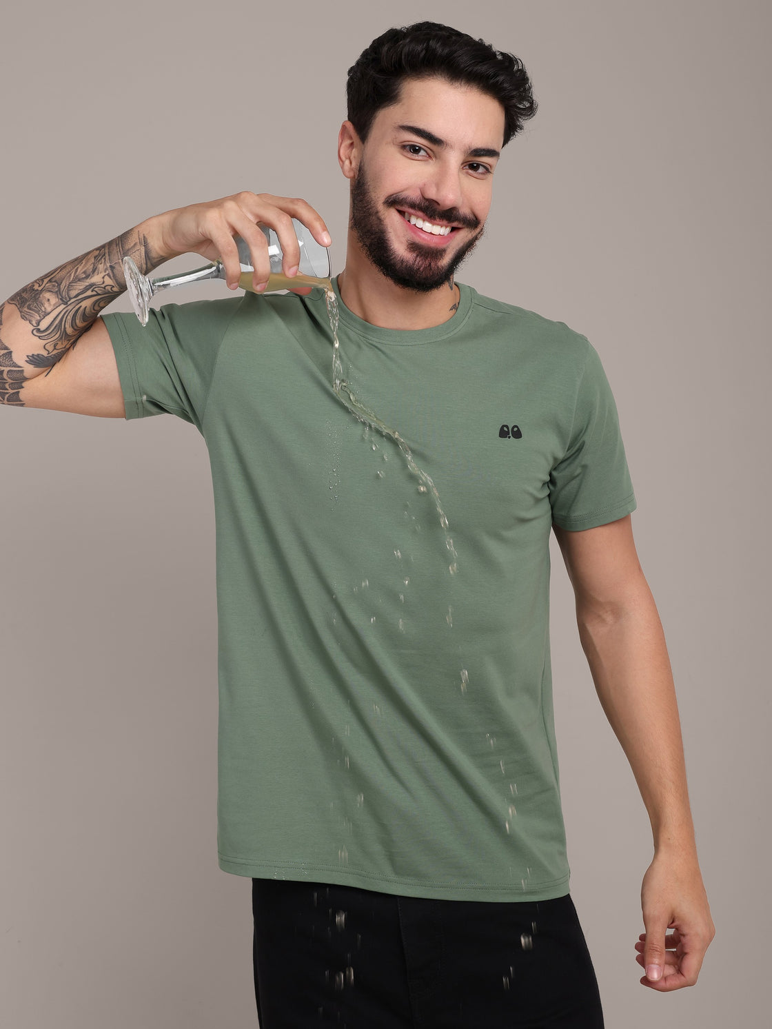 Men's Green Anti-Stain Cotton Round Neck T-Shirt