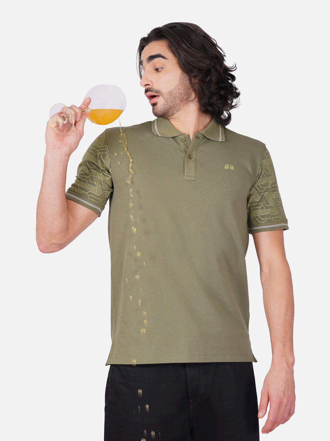 Men Olive Green Sleeves Printed Anti-Stain Anti-Odor Cotton Polo T-Shirt