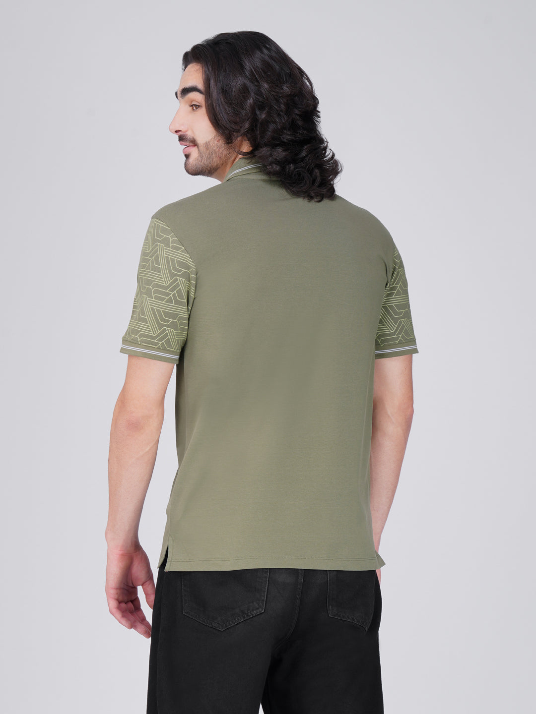 Men Olive Green Sleeves Printed Anti-Stain Anti-Odor Cotton Polo T-Shirt