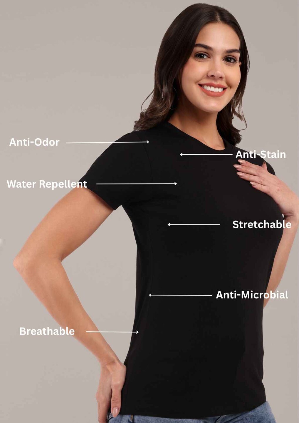 Woman Black Anti-Stain Cotton Round-Neck T-Shirt