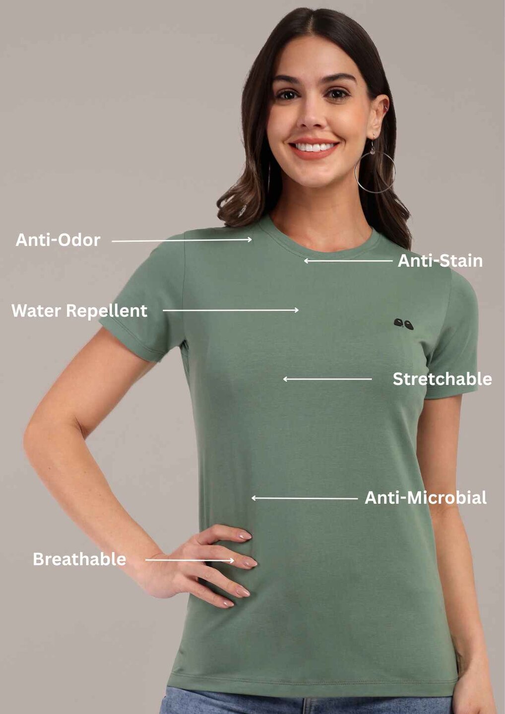 Woman Green Anti-Stain Cotton Round-Neck T-Shirt