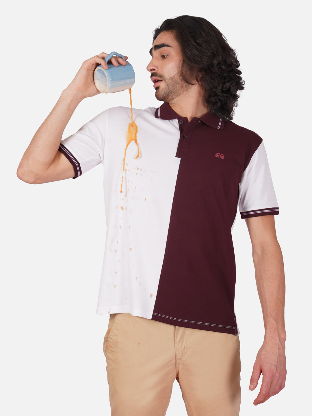 Men's Organic Cotton Polo T-Shirt with Anti Stain, Anti-Microbial Protection, Stain-Release - Care Finish White and Wine