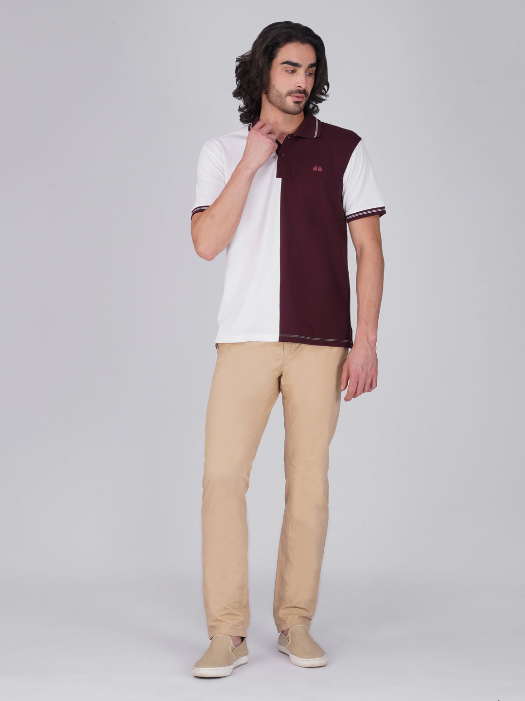 Men's Organic Cotton Polo T-Shirt with Anti Stain, Anti-Microbial Protection, Stain-Release - Care Finish White and Wine