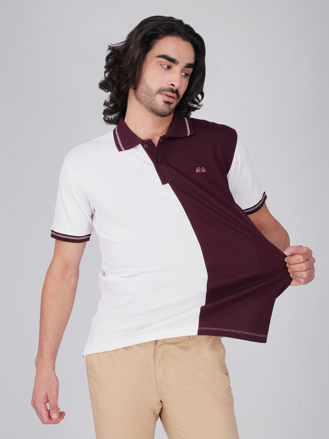 Men's Organic Cotton Polo T-Shirt with Anti Stain, Anti-Microbial Protection, Stain-Release - Care Finish White and Wine