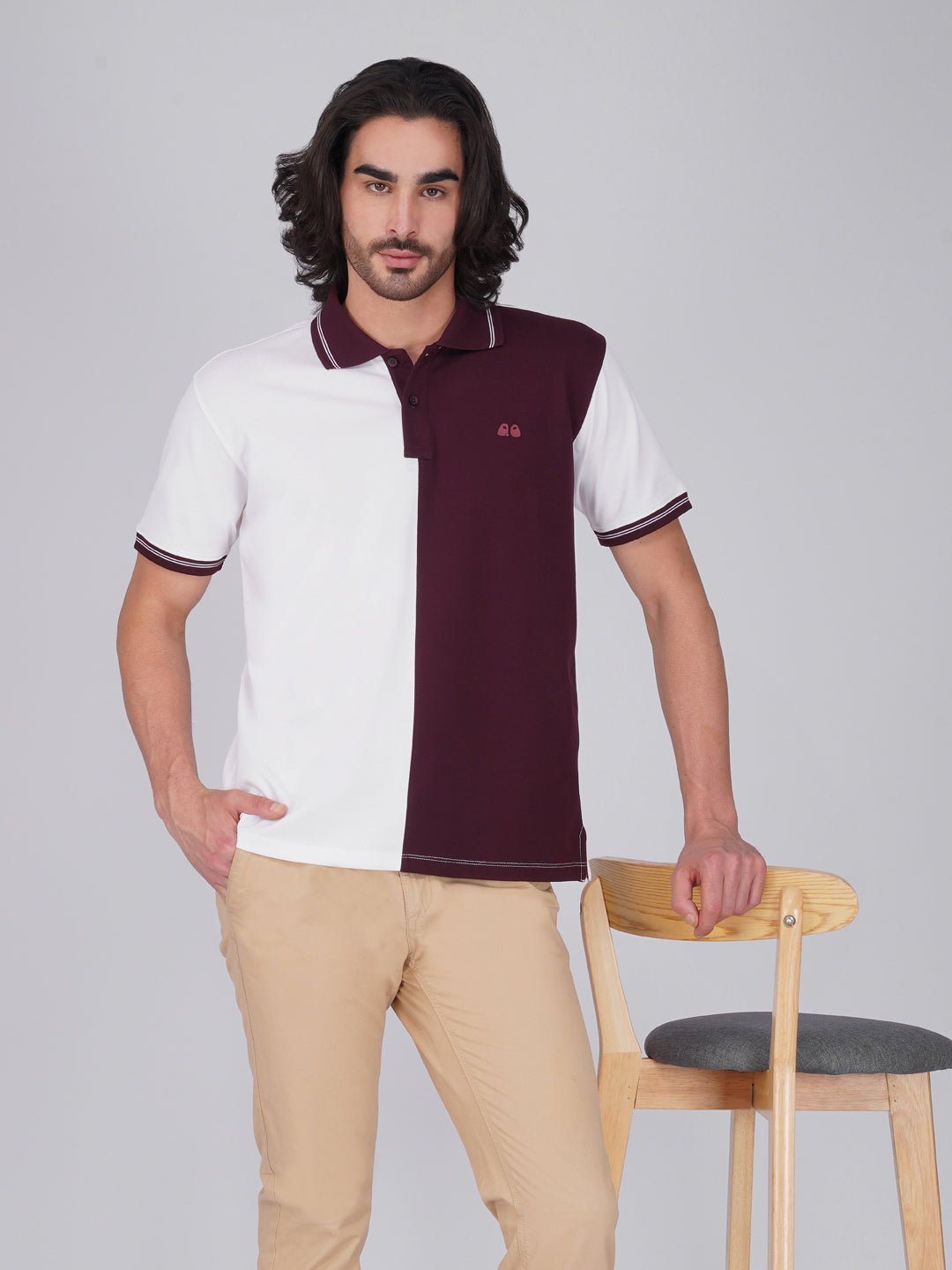 Men's Organic Cotton Polo T-Shirt with Anti Stain, Anti-Microbial Protection, Stain-Release - Care Finish White and Wine