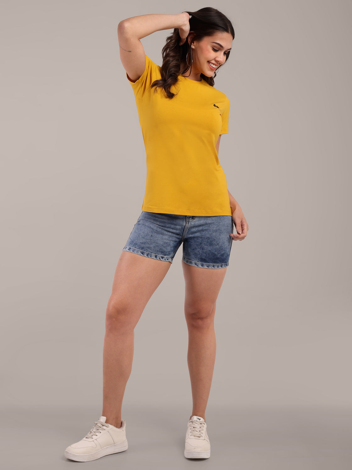 Woman Mustard Anti-Stain Cotton Round-Neck T-Shirt