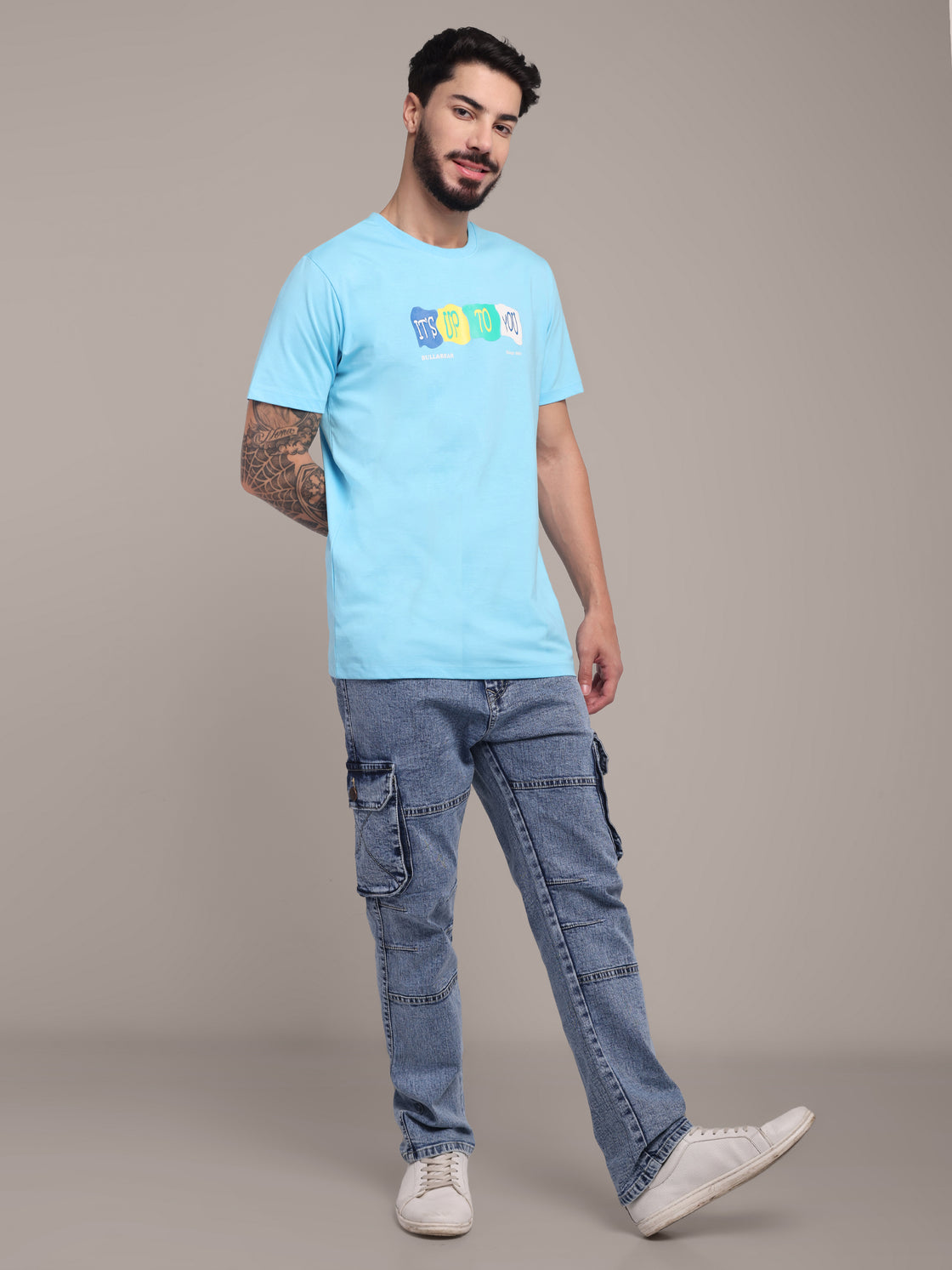 Men's Sky Blue Printed Anti-Stain Cotton Round-Neck T-Shirt