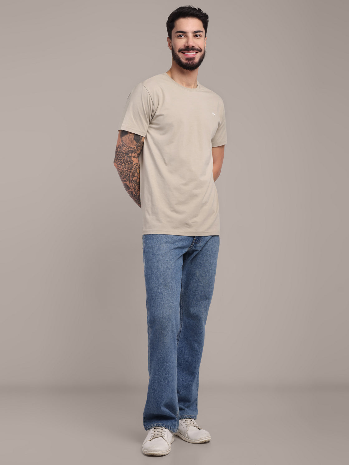 Men's Beige Anti-Stain Cotton Round Neck T-Shirt