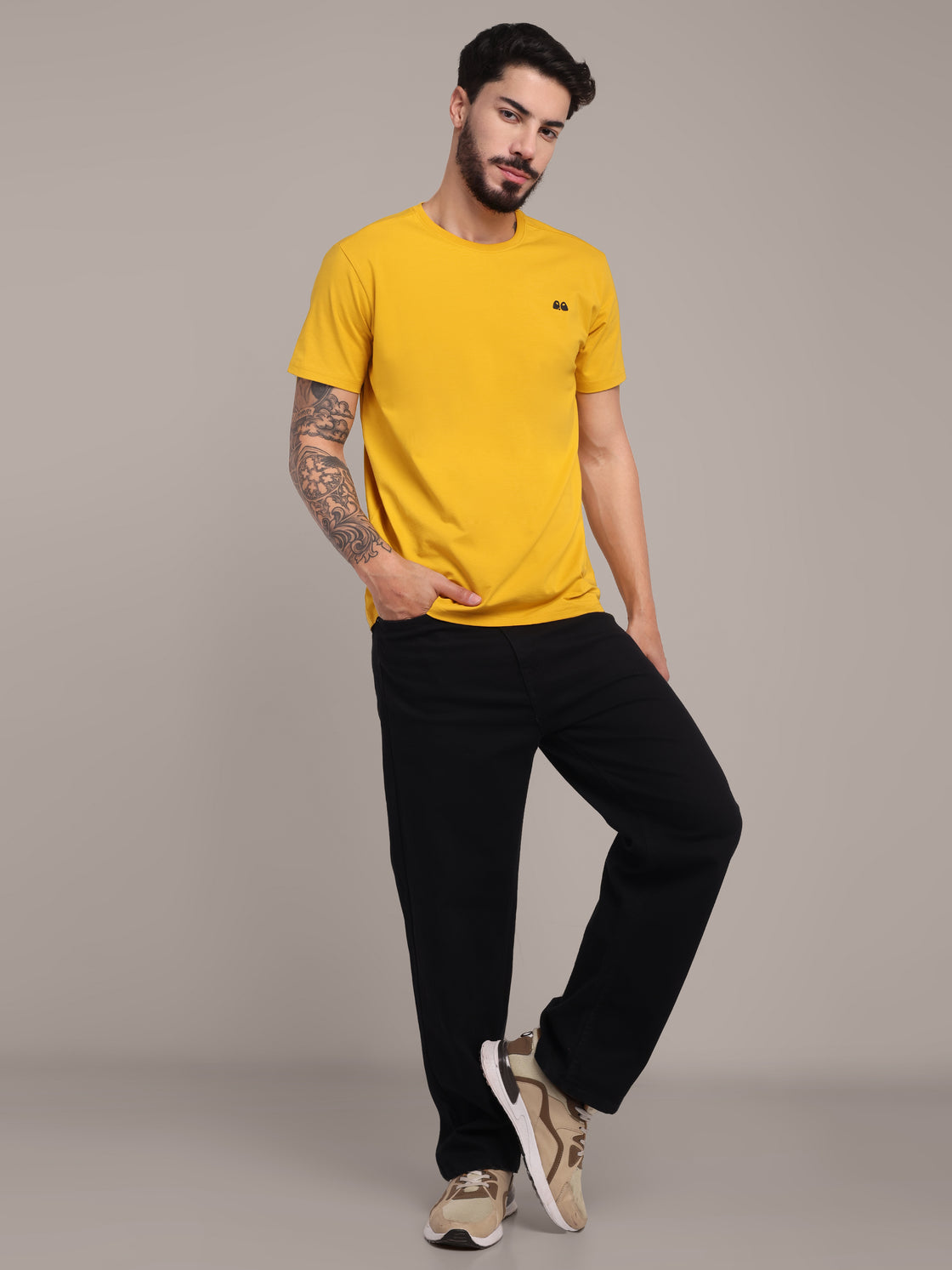 Men's Mustard Anti-Stain Cotton Round Neck T-Shirt
