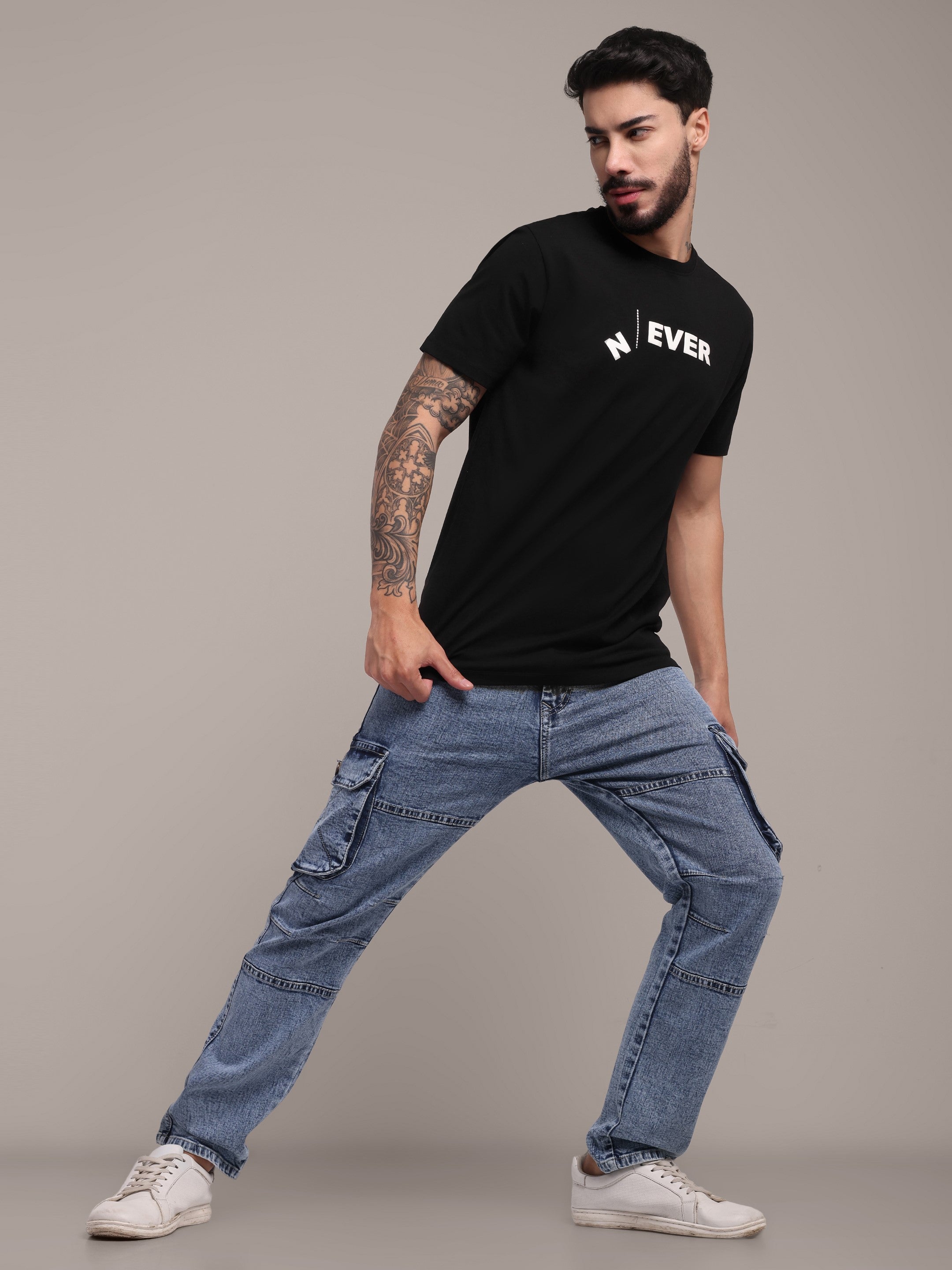 Men's Black Printed Anti-Stain Cotton Round-Neck T-Shirt