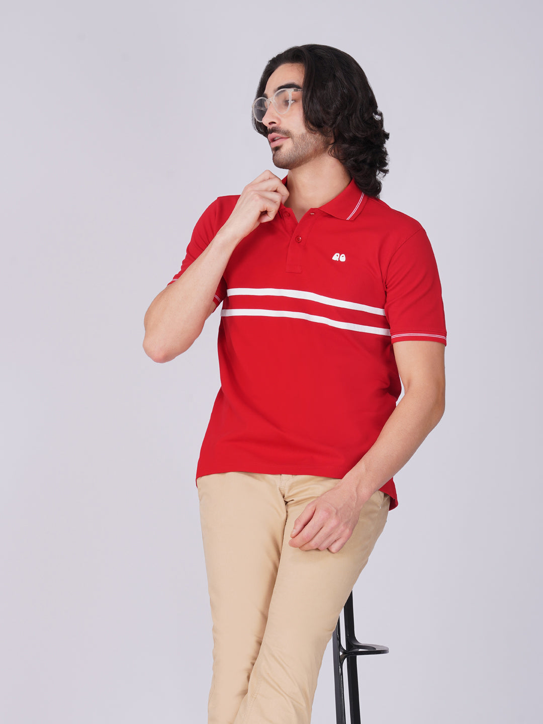 Men's  - Red double-stripe Organic Cotton Polo T-Shirt with Anti Stain, Anti-Microbial Protection.