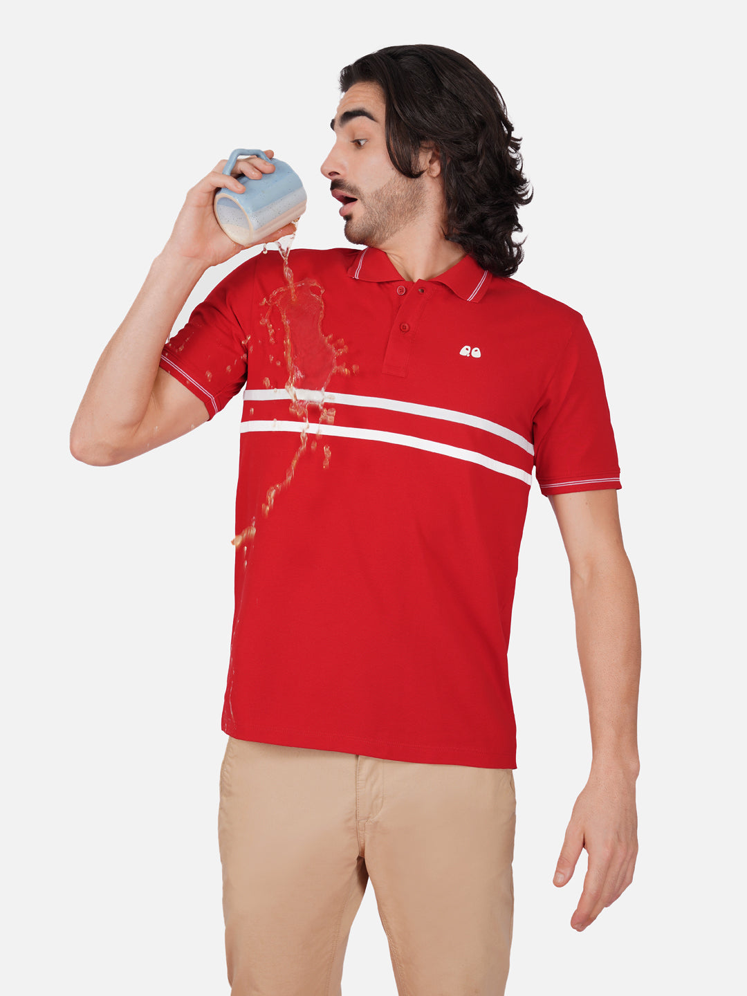 Men's  - Red double-stripe Organic Cotton Polo T-Shirt with Anti Stain, Anti-Microbial Protection.