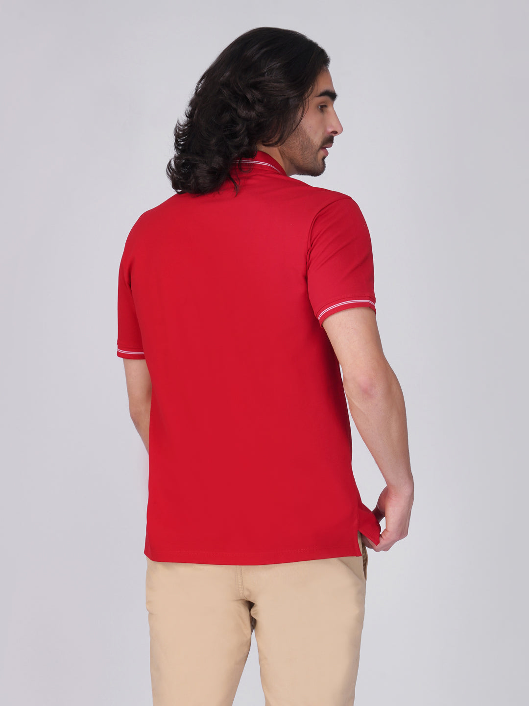 Men's  - Red double-stripe Organic Cotton Polo T-Shirt with Anti Stain, Anti-Microbial Protection.