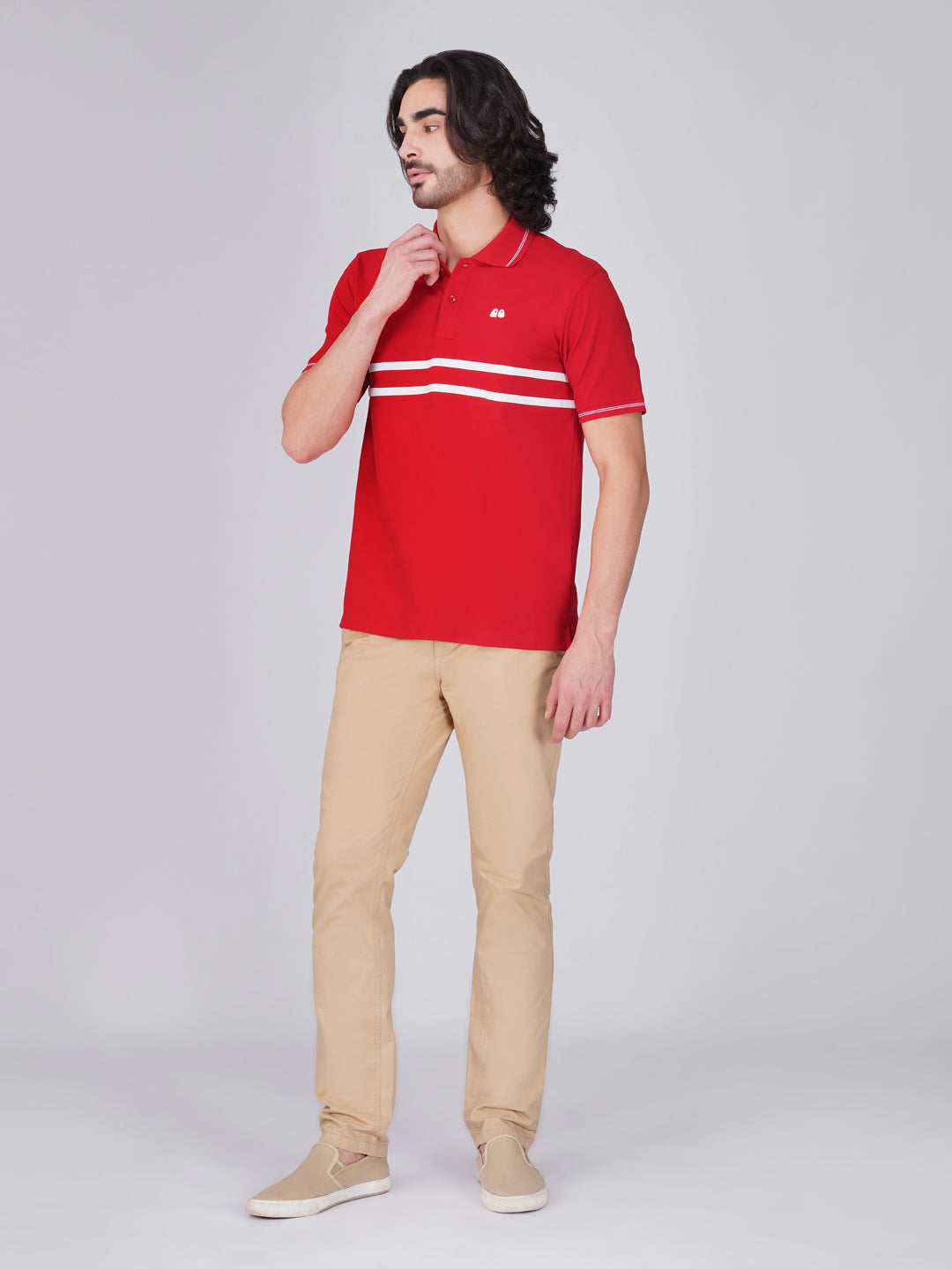 Men's  - Red double-stripe Organic Cotton Polo T-Shirt with Anti Stain, Anti-Microbial Protection.