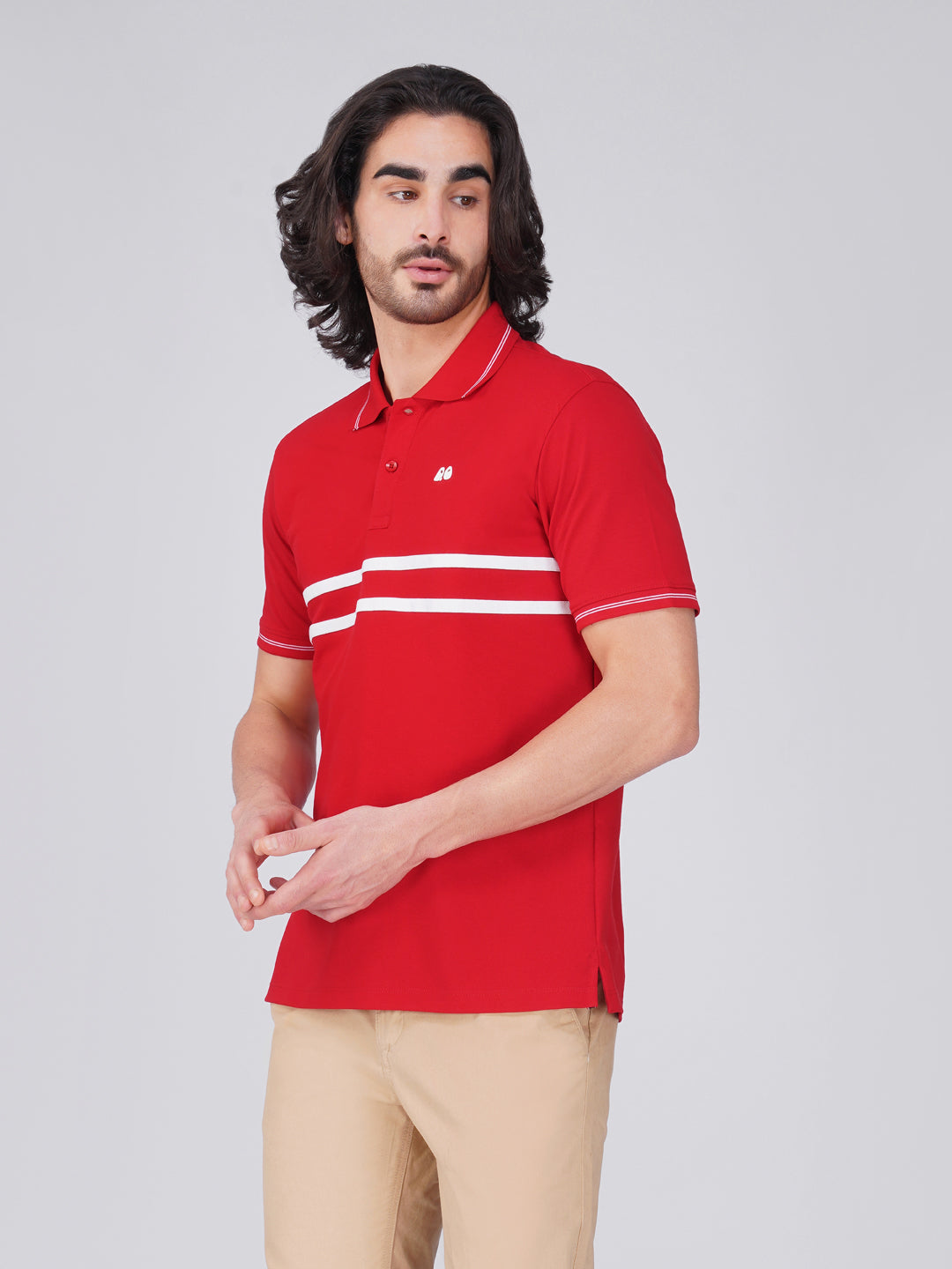Men's  - Red double-stripe Organic Cotton Polo T-Shirt with Anti Stain, Anti-Microbial Protection.