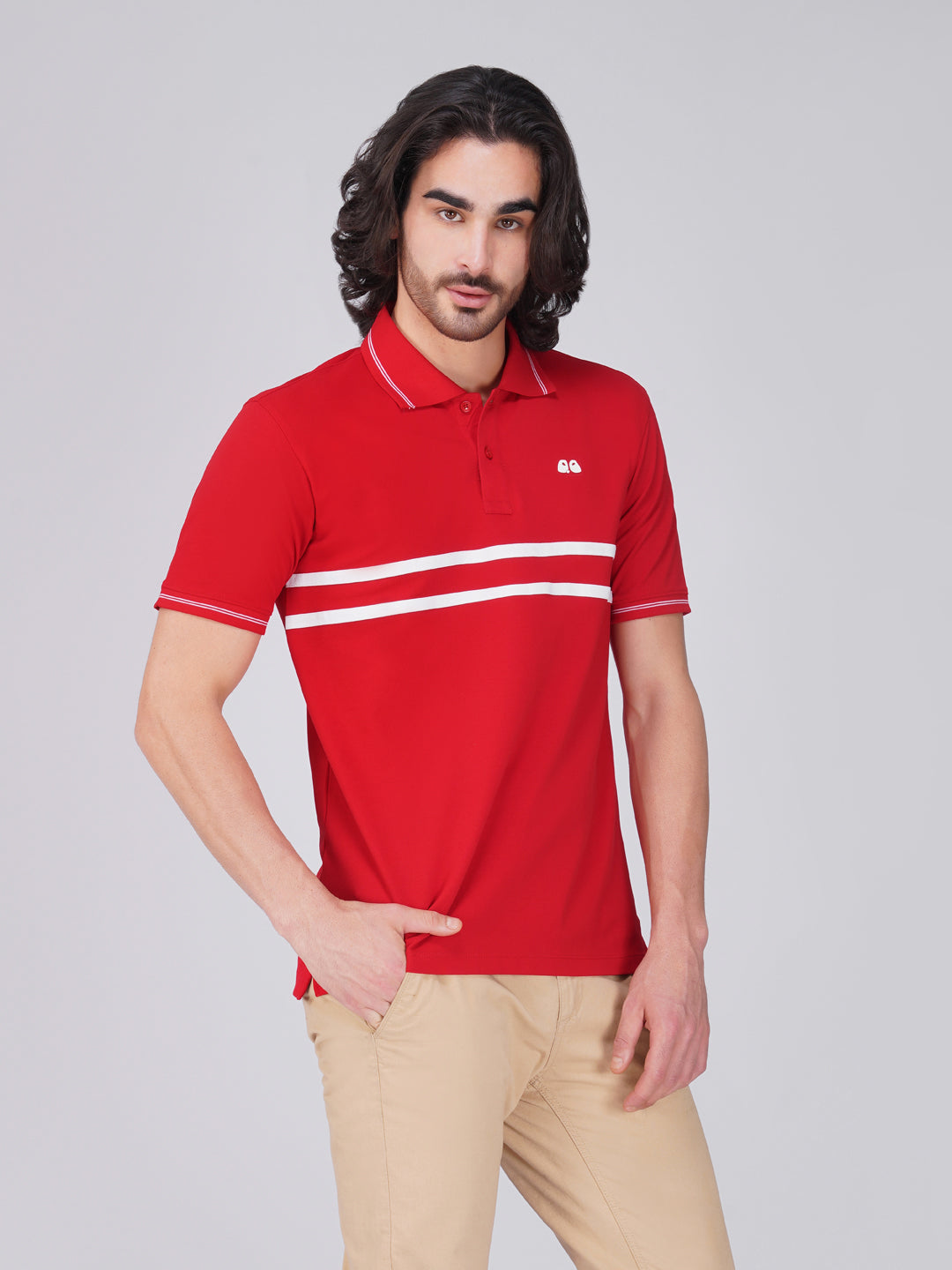 Men's  - Red double-stripe Organic Cotton Polo T-Shirt with Anti Stain, Anti-Microbial Protection.