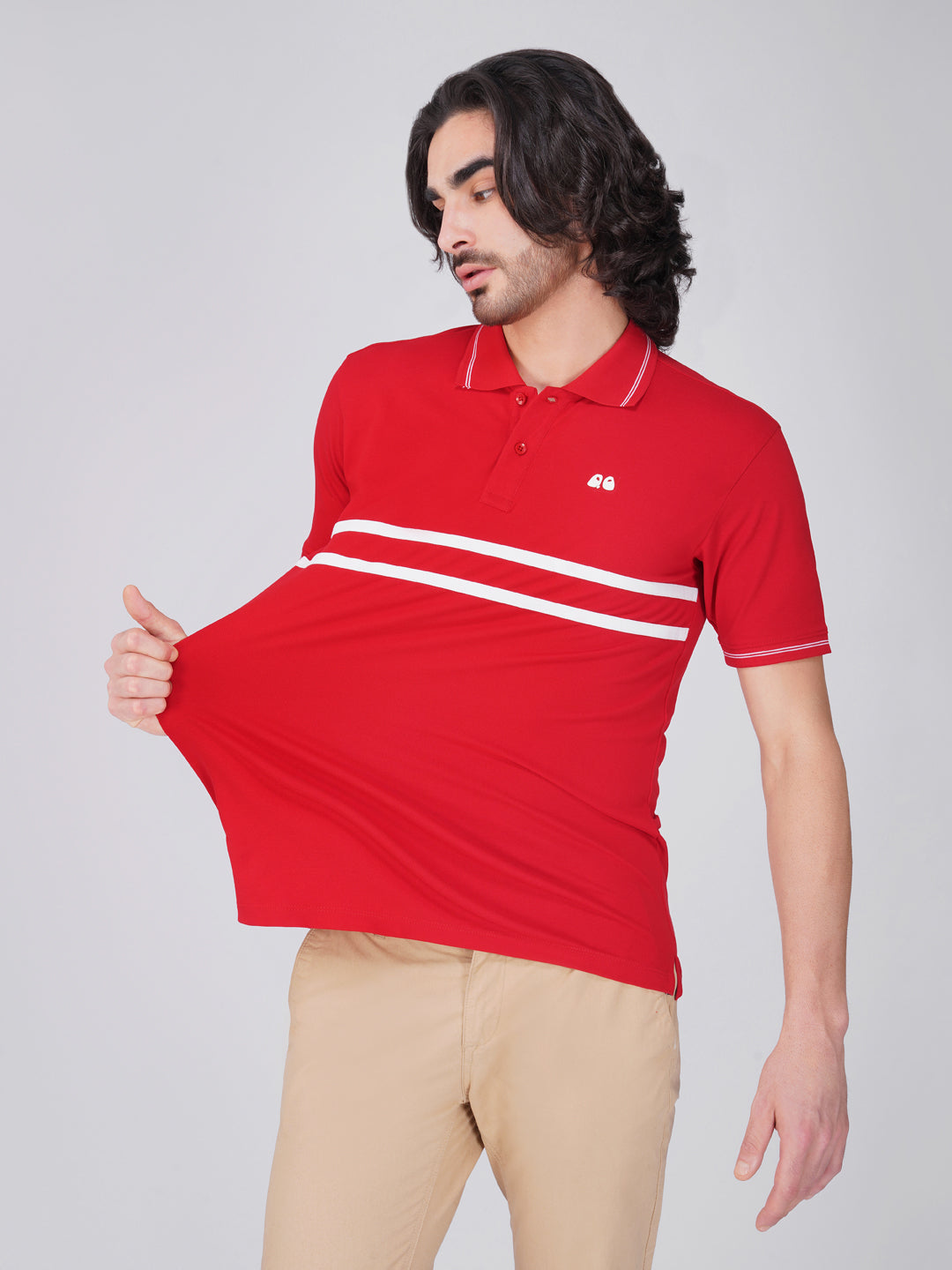 Men's  - Red double-stripe Organic Cotton Polo T-Shirt with Anti Stain, Anti-Microbial Protection.