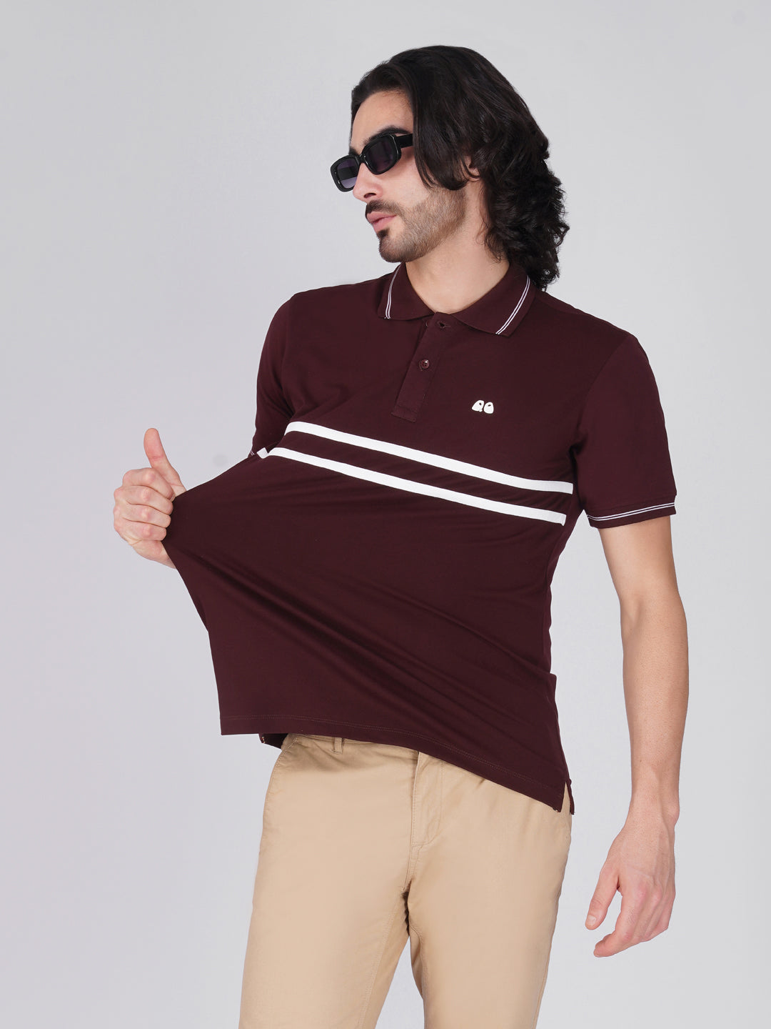 Men's  - Wine double-stripe Organic Cotton Polo T-Shirt with Anti Stain, Anti-Microbial Protection.