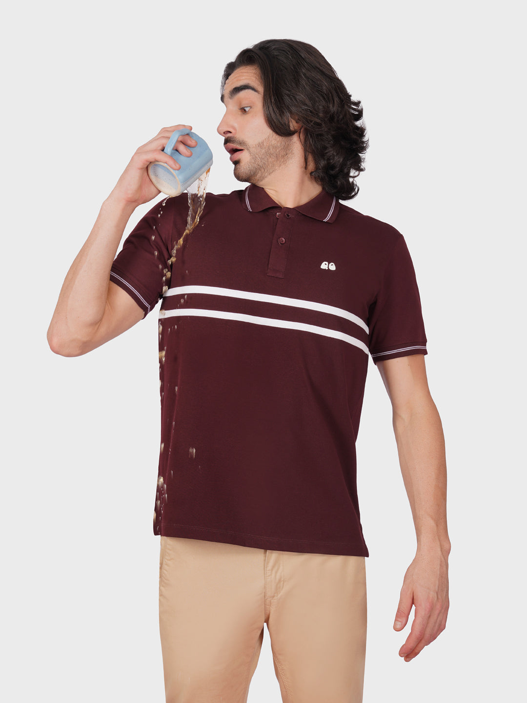 Men's  - Wine double-stripe Organic Cotton Polo T-Shirt with Anti Stain, Anti-Microbial Protection.