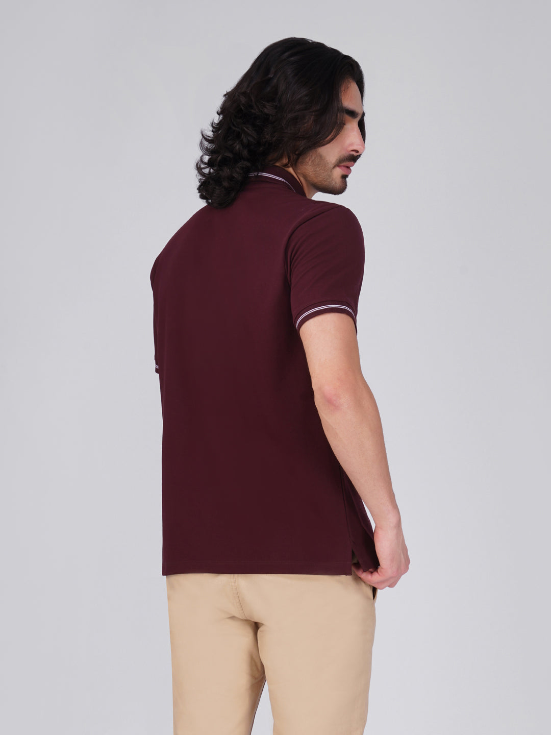 Men's  - Wine double-stripe Organic Cotton Polo T-Shirt with Anti Stain, Anti-Microbial Protection.