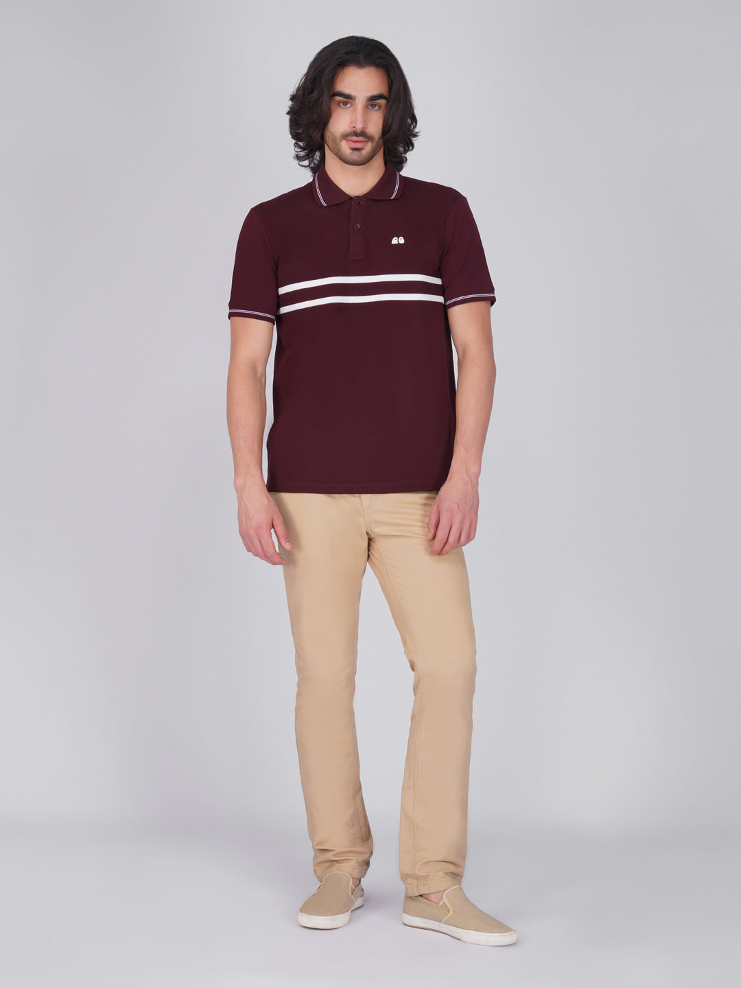 Men's  - Wine double-stripe Organic Cotton Polo T-Shirt with Anti Stain, Anti-Microbial Protection.