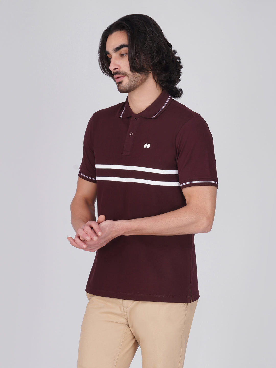 Men's  - Wine double-stripe Organic Cotton Polo T-Shirt with Anti Stain, Anti-Microbial Protection.