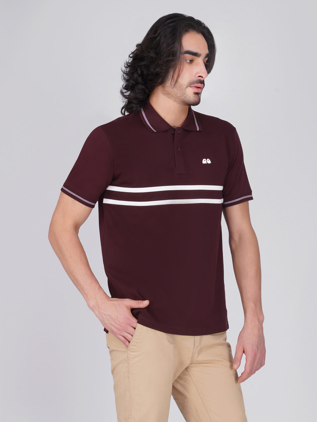 Men's  - Wine double-stripe Organic Cotton Polo T-Shirt with Anti Stain, Anti-Microbial Protection.