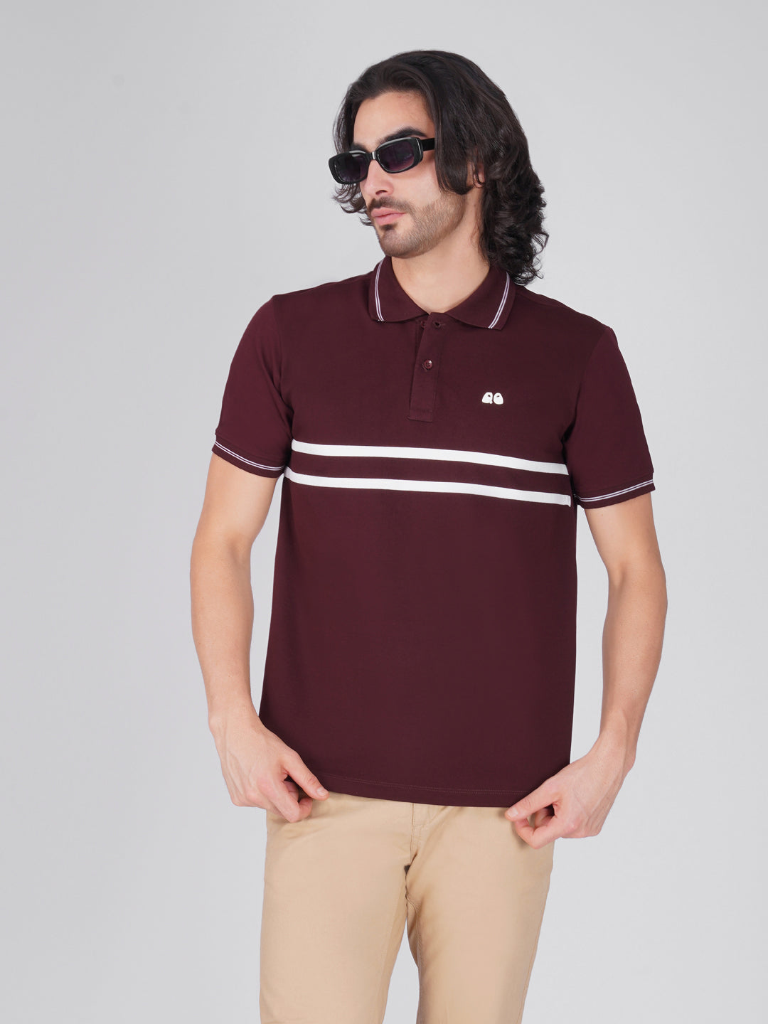 Men's  - Wine double-stripe Organic Cotton Polo T-Shirt with Anti Stain, Anti-Microbial Protection.