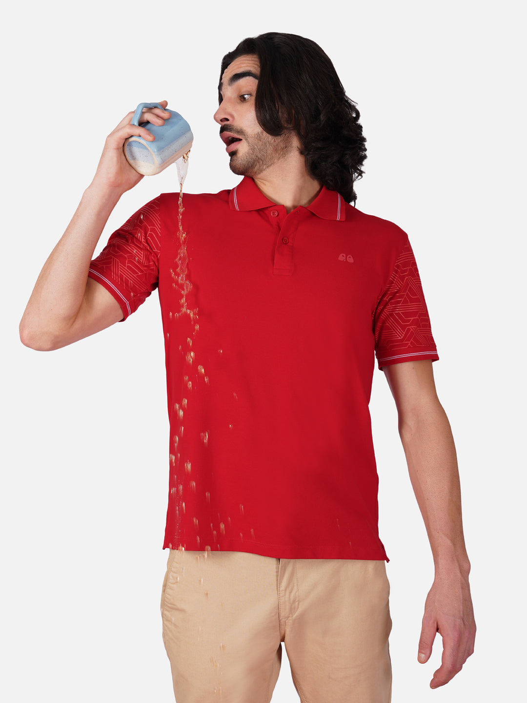 Men Blue Sleeves Printed Anti-Stain Anti-Odor Cotton Polo T-Shirt