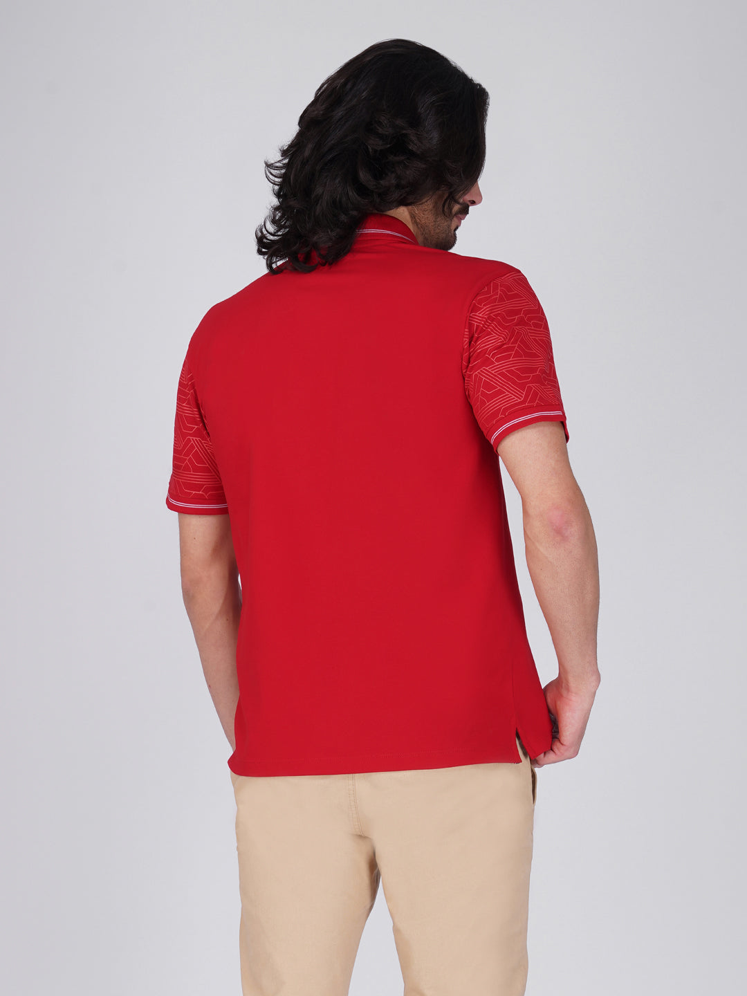 Men Blue Sleeves Printed Anti-Stain Anti-Odor Cotton Polo T-Shirt
