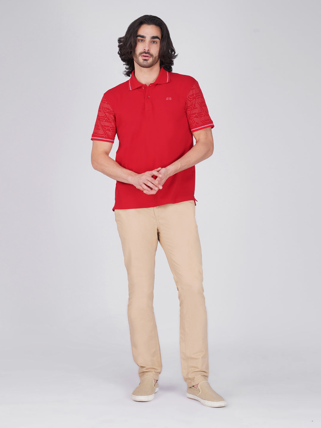 Men Blue Sleeves Printed Anti-Stain Anti-Odor Cotton Polo T-Shirt
