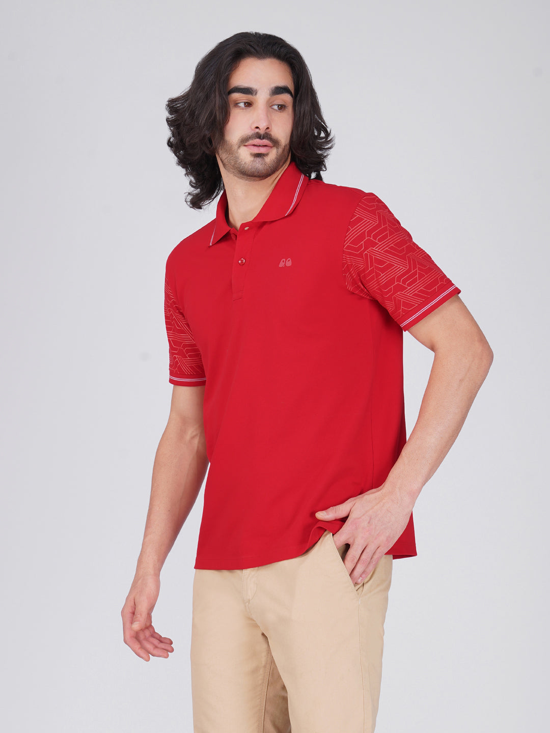 Men Blue Sleeves Printed Anti-Stain Anti-Odor Cotton Polo T-Shirt