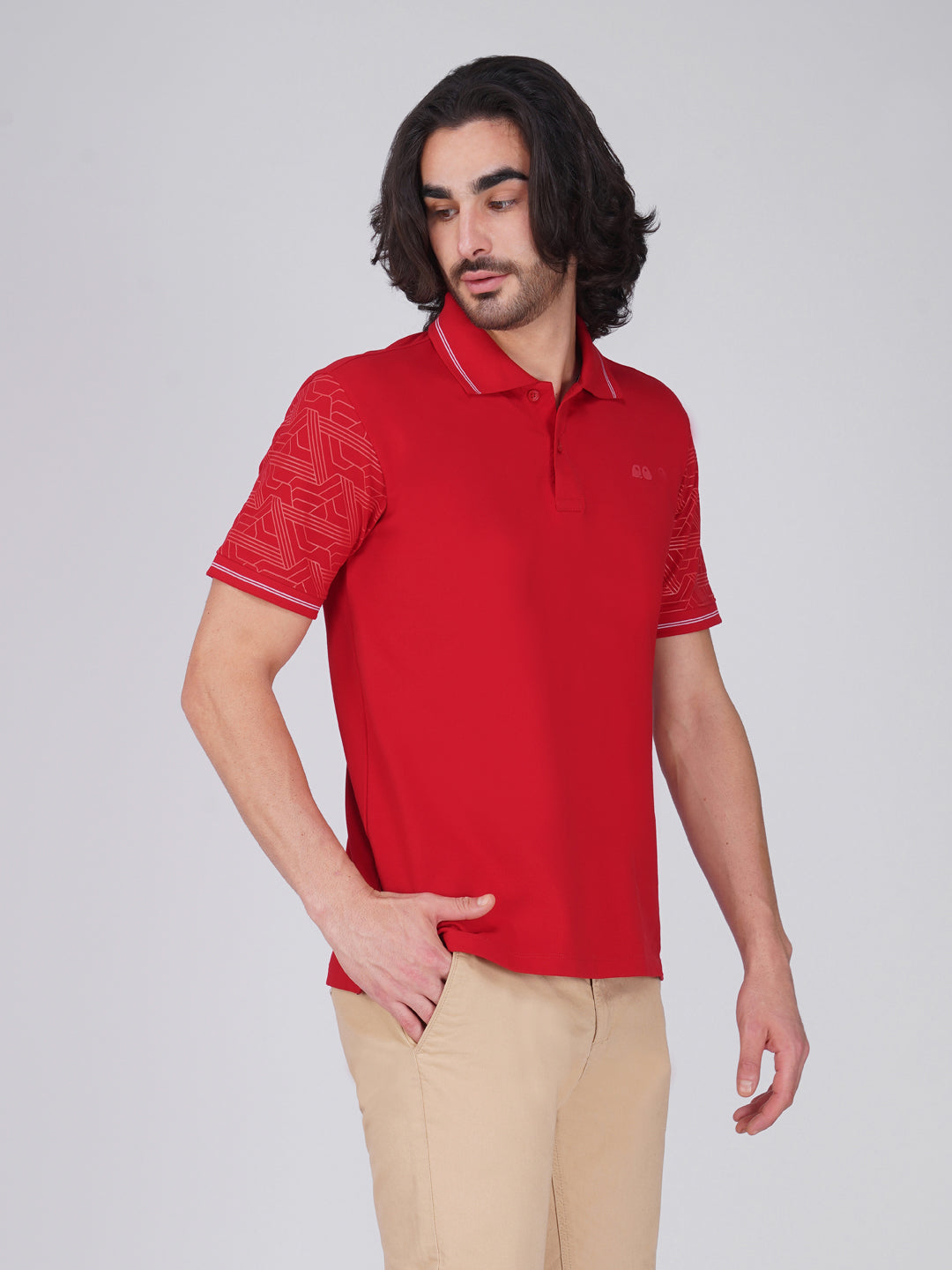 Men Blue Sleeves Printed Anti-Stain Anti-Odor Cotton Polo T-Shirt
