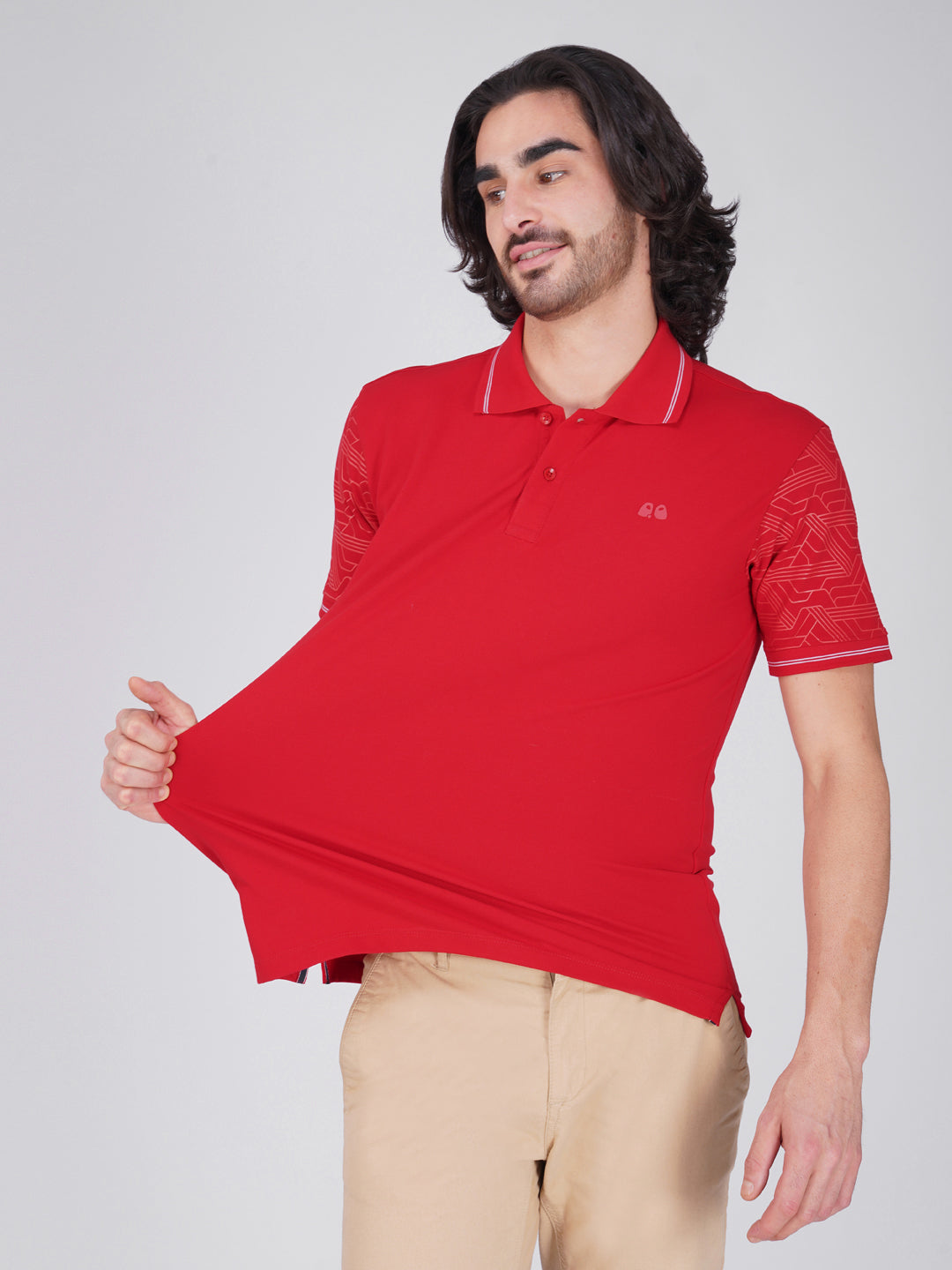 Men Blue Sleeves Printed Anti-Stain Anti-Odor Cotton Polo T-Shirt