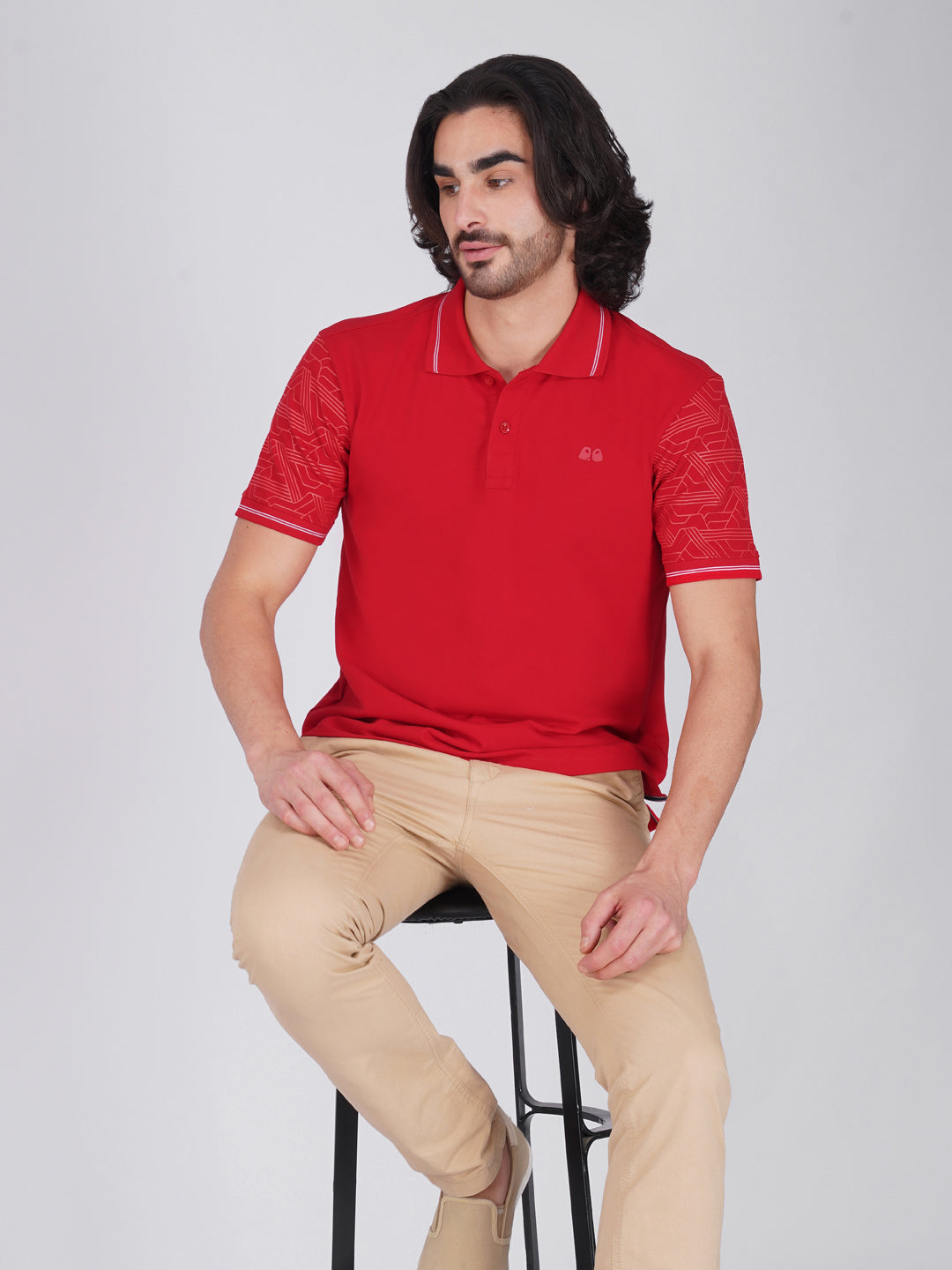 Men Blue Sleeves Printed Anti-Stain Anti-Odor Cotton Polo T-Shirt