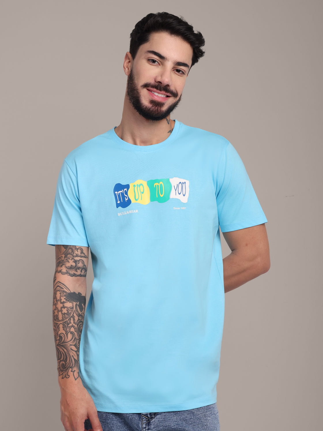 Men's Sky Blue Printed Anti-Stain Cotton Round-Neck T-Shirt